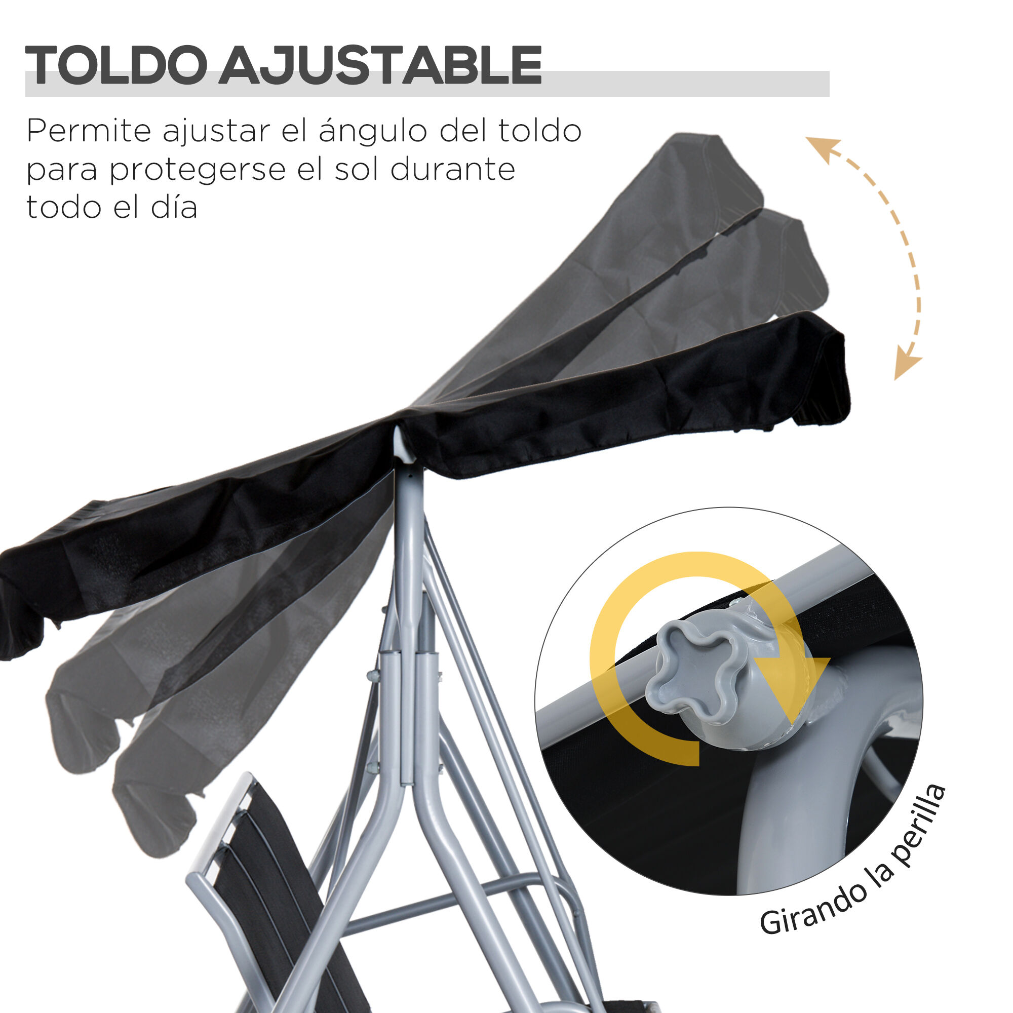 Outsunny Balanc&iacute;n Jard&iacute;n Exterior Columpio Exterior de 3 Plazas con Toldo Ajustable Respaldo Transpirable y Marco de Metal para Terraza Balc&oacute;n Carga 240 kg 171x108x154 cm Negro, , large Imagen numero 4