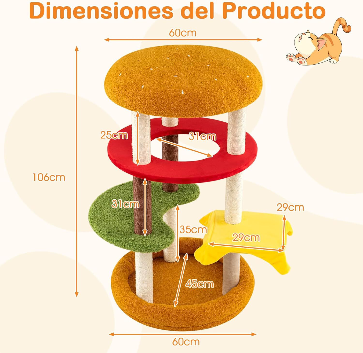 COSTWAY &Aacute;rbol Rascador para Gatos Moderno, 106 cm &Aacute;rbol para Gatos en Forma de Hamburguesa con Percha Acolchada, Cama Amplia, Postes Rascadores de Sisal, Cojines de Felpa, Torre para Gato Decorativo, , large Imagen numero 5