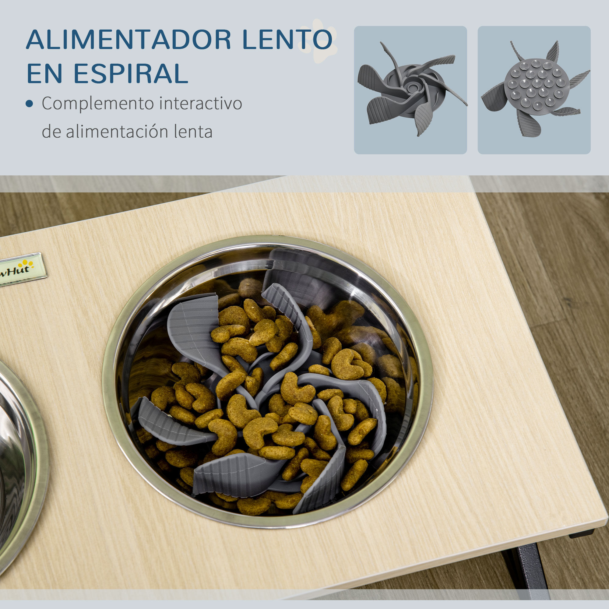PawHut Comedero Elevado para Perros con Tapete y Comedero Lento Cuencos para Perros con 2 Tazones de Acero Inoxidable 1100 ml para Mascotas Medianos 60x30x18,5 cm Roble, , large Imagen numero 5