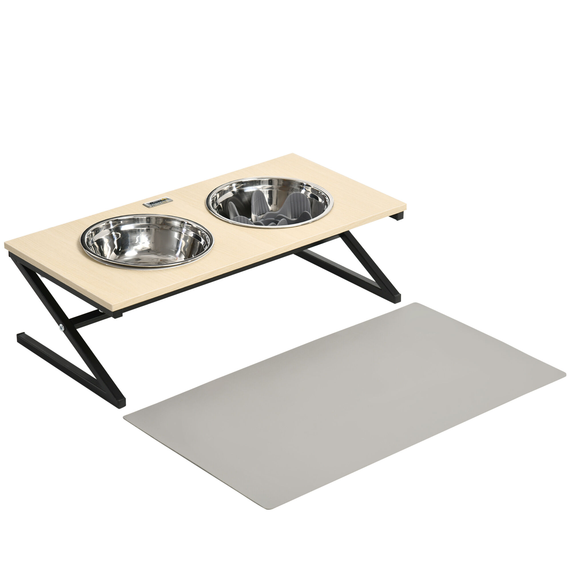 PawHut Comedero Elevado para Perros con Tapete y Comedero Lento Cuencos para Perros con 2 Tazones de Acero Inoxidable 1100 ml para Mascotas Medianos 60x30x18,5 cm Roble, , large Imagen numero 1