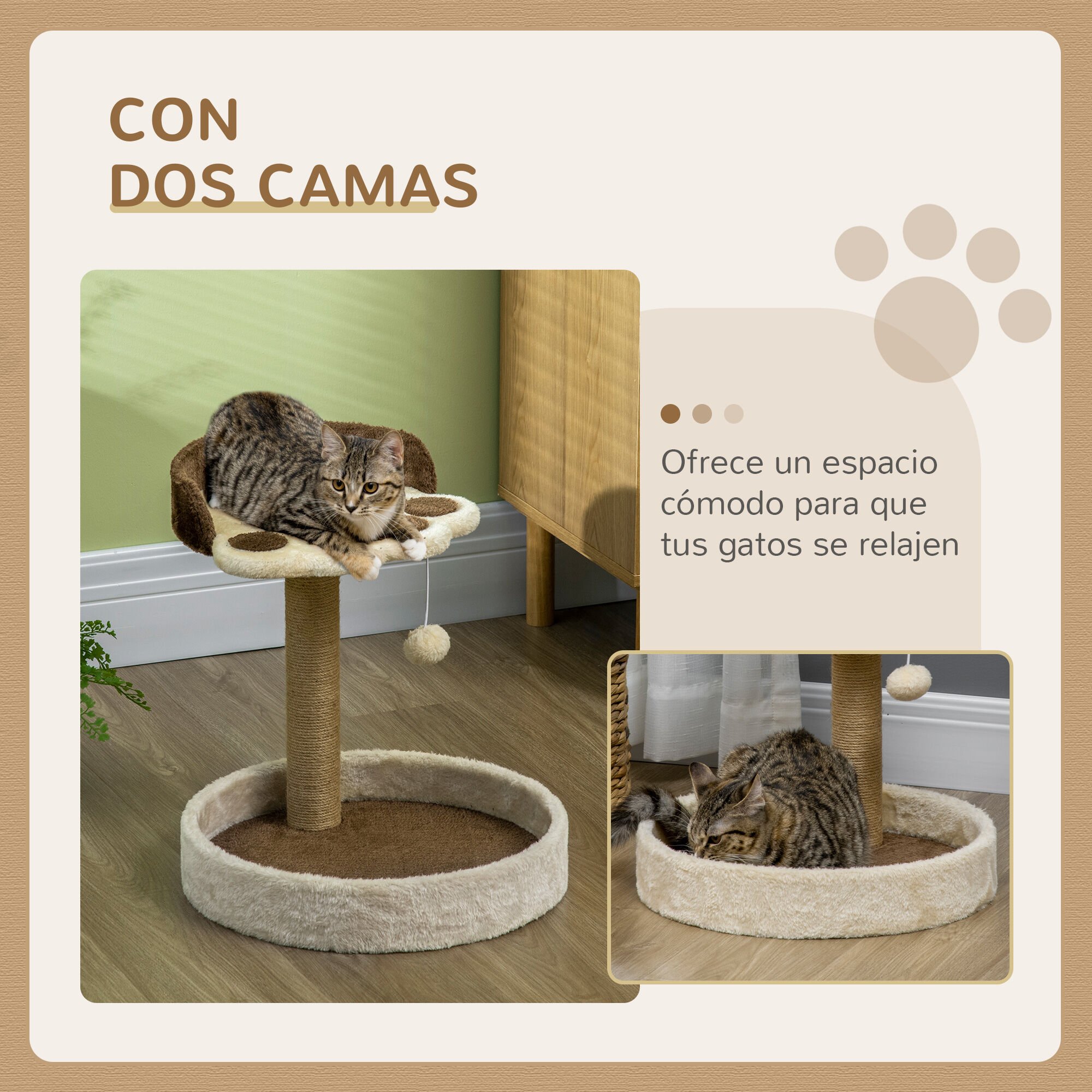 PawHut &Aacute;rbol Rascador para Gatos, &Aacute;rbol para Gatos, Altura 44 cm, Torre de Escalada con 2 Camas, Poste de Yute, Juguete Colgante, Marr&oacute;n, , large Imagen numero 4