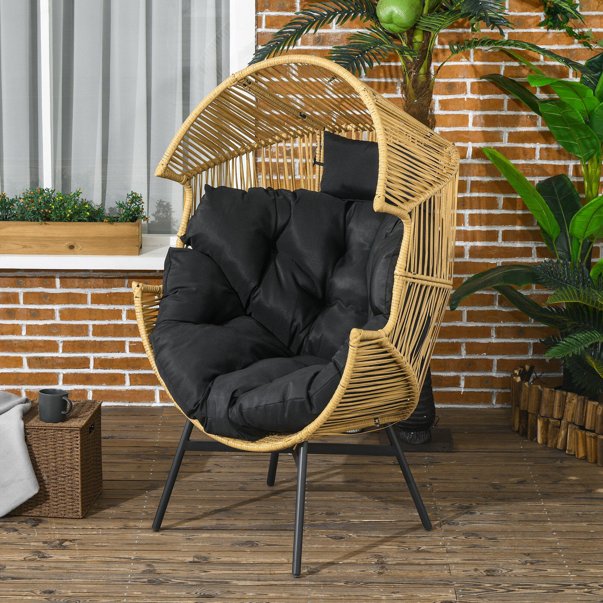 Outsunny Sill&oacute;n de Rat&aacute;n Sint&eacute;tico Silla de Terraza en Forma de Huevo con Reposacabezas Acolchado Coj&iacute;n y Marco de Acero para Jard&iacute;n Balc&oacute;n 89x75x143 cm Arena y Negro, , large Imagen numero 2