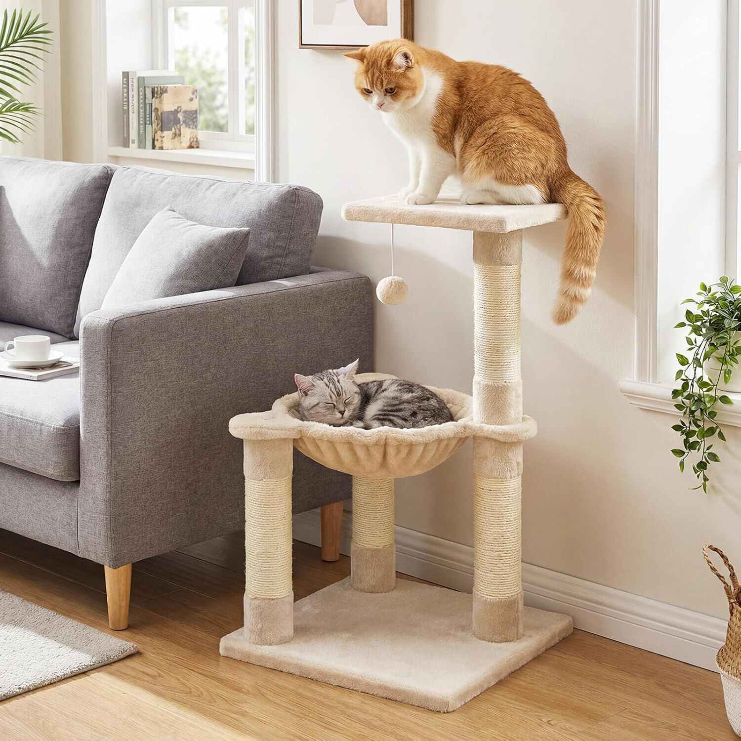 COSTWAY &Aacute;rbol Rascador para Gatos, 40 x 40 x 64 cm Torre para Gatos (Beige) | Torre para Gatitos de Interior con Plataforma Grande y Hamaca, Postes Rascadores de Sisal Natural, Bola Colgante, , large Imagen numero 2