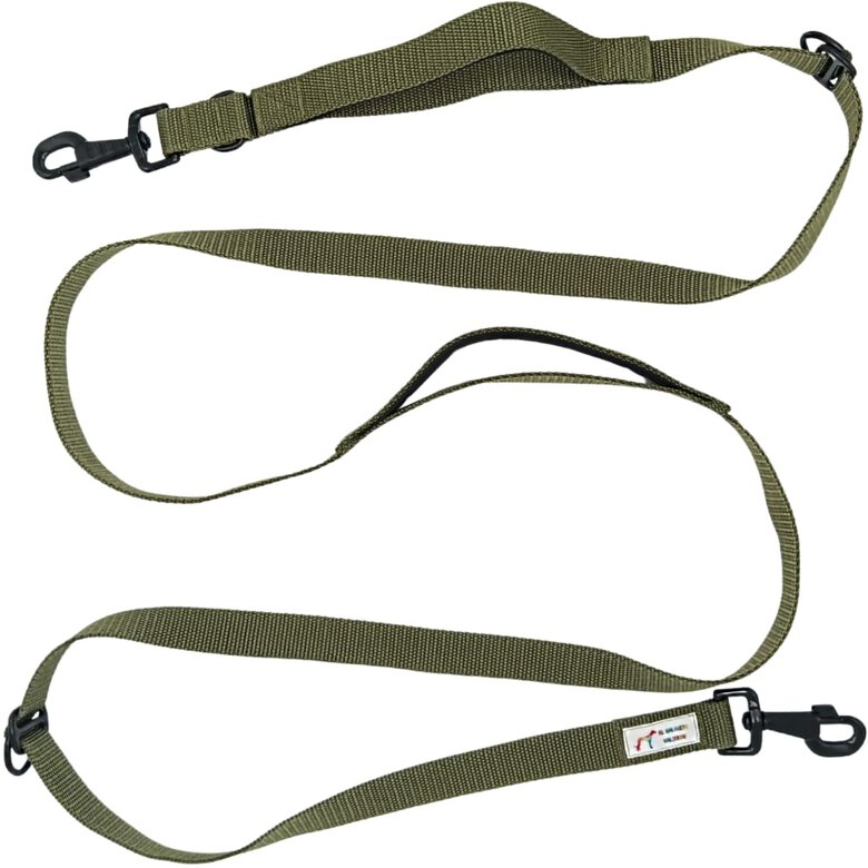 EGV - Correa multiposicion perro con doble asa de neopreno. Correa perro manos libres de 2,50 metros de longitud. (Verde militar)