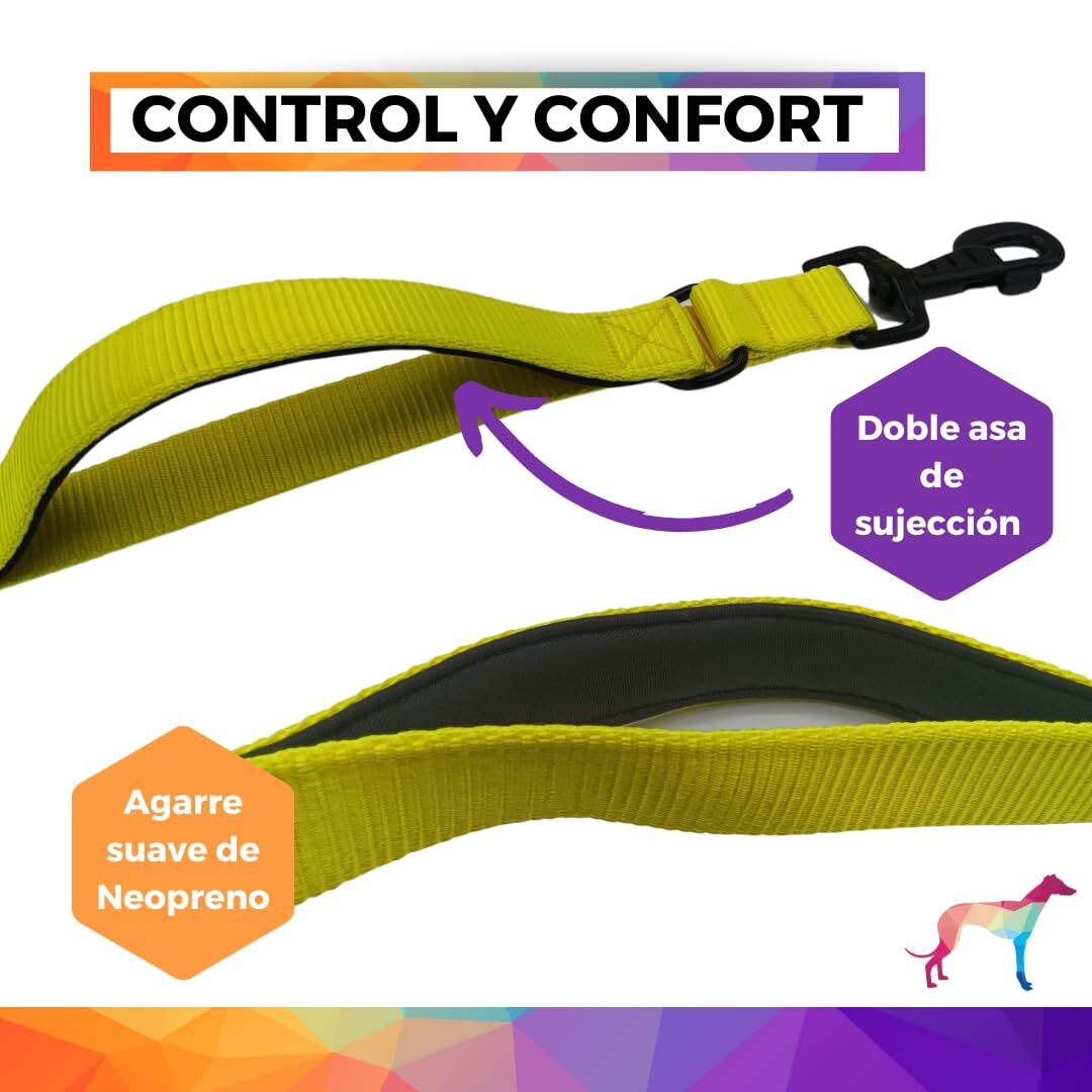 EGV - Correa multiposicion perro con doble asa de neopreno. Correa perro manos libres de 2,50 metros de longitud. (Amarillo), , large Imagen numero 2
