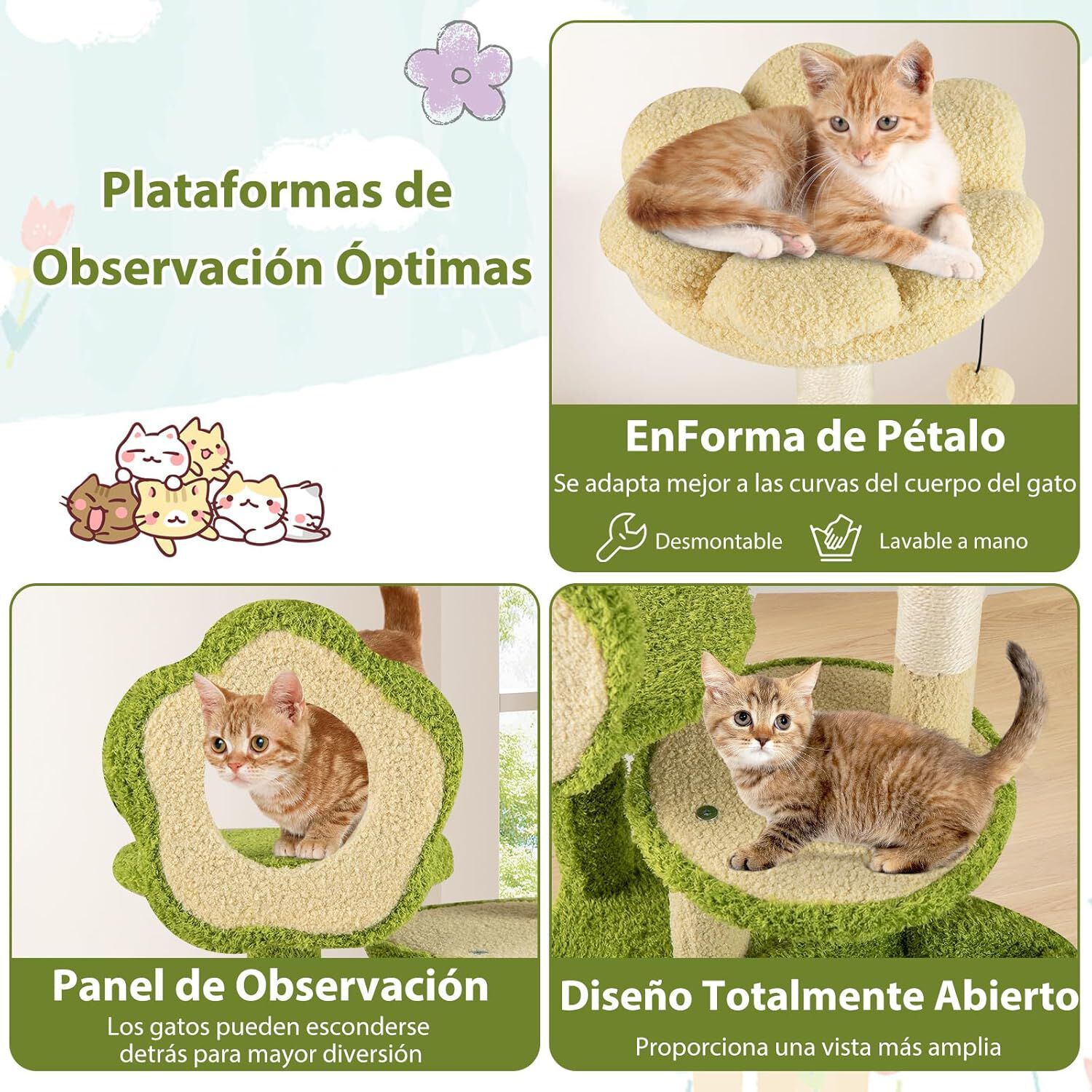 COSTWAY Árbol para Gatos de Bosque, Torre Multinivel con Condo Tronco, Plataforma Floral Acolchada, Rascador de Sisal y Juguetes, Centro de Actividades para Gatitos y Adultos, Verde + Marrón thumbnail