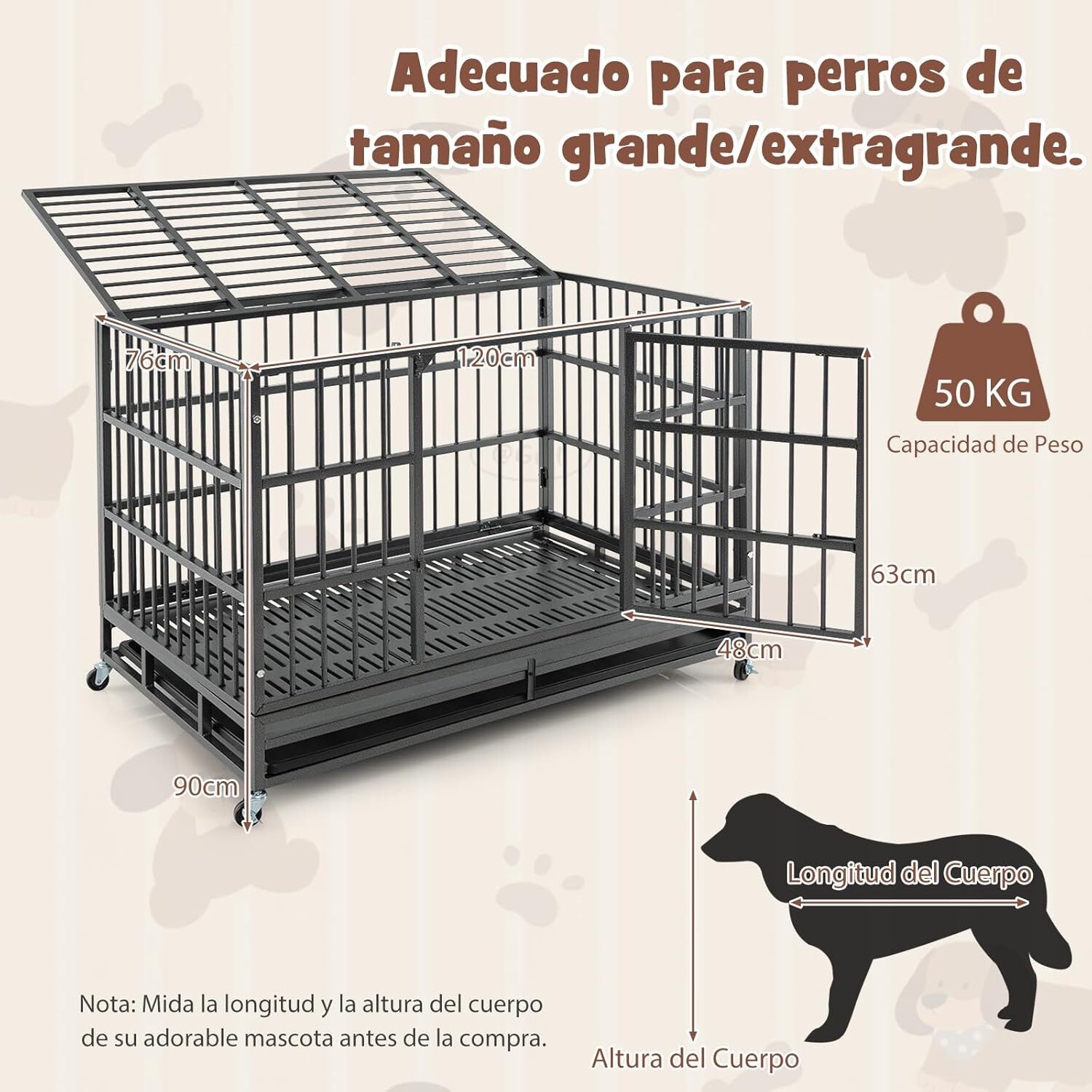 COSTWAY Jaula para Perros Plegable, Jaula para Mascotas de Metal con 2 Puertas, 4 Ruedas Giratorias, Bandeja Extra&iacute;ble, Caja para Perros Port&aacute;til para Interiores y Exteriores (120 x 76 x 90 cm), , large Imagen numero 3
