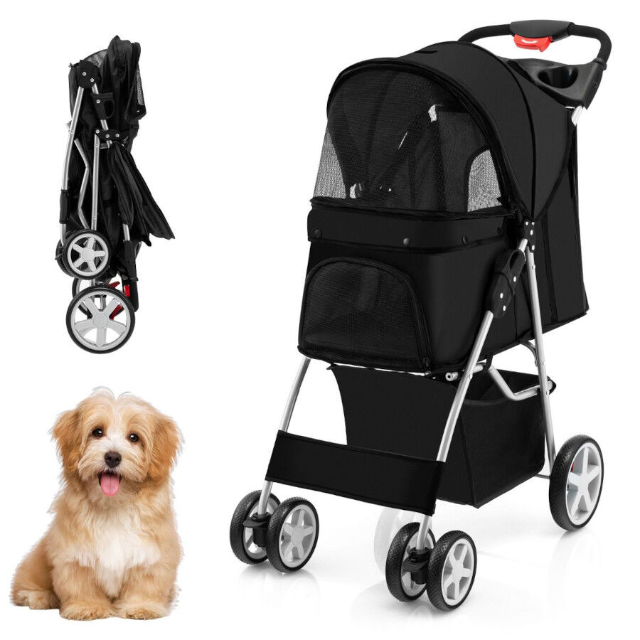 COSTWAY Cochecito para Mascotas Plegable, Cochecito de Mascotas de 4 Ruedas para Gatos/Perros, Carrito para Gatos con Cesta de Almacenamiento para Mascotas, Ventana de Malla, impermeable (Negro), , large Imagen numero 1