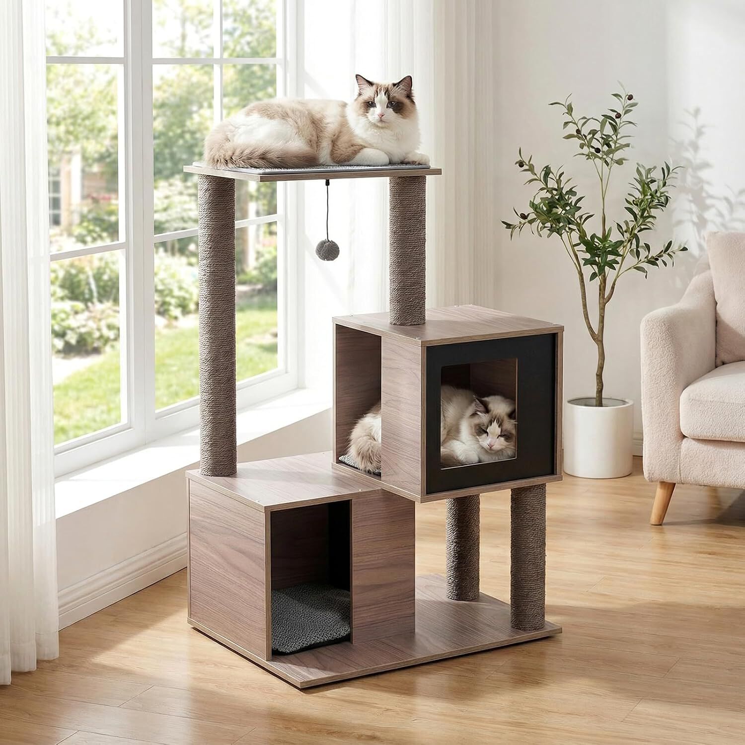 COSTWAY Mueble Rascador para Gatos, 93 cm Torre de Gatitos de Madera Multinivel con Poste Rascador de Sisal, Condominios, Percha, Cojines y Alfombrilla Extra&iacute;bles, &Aacute;rbol Rascador para Gatos, , large Imagen numero 2
