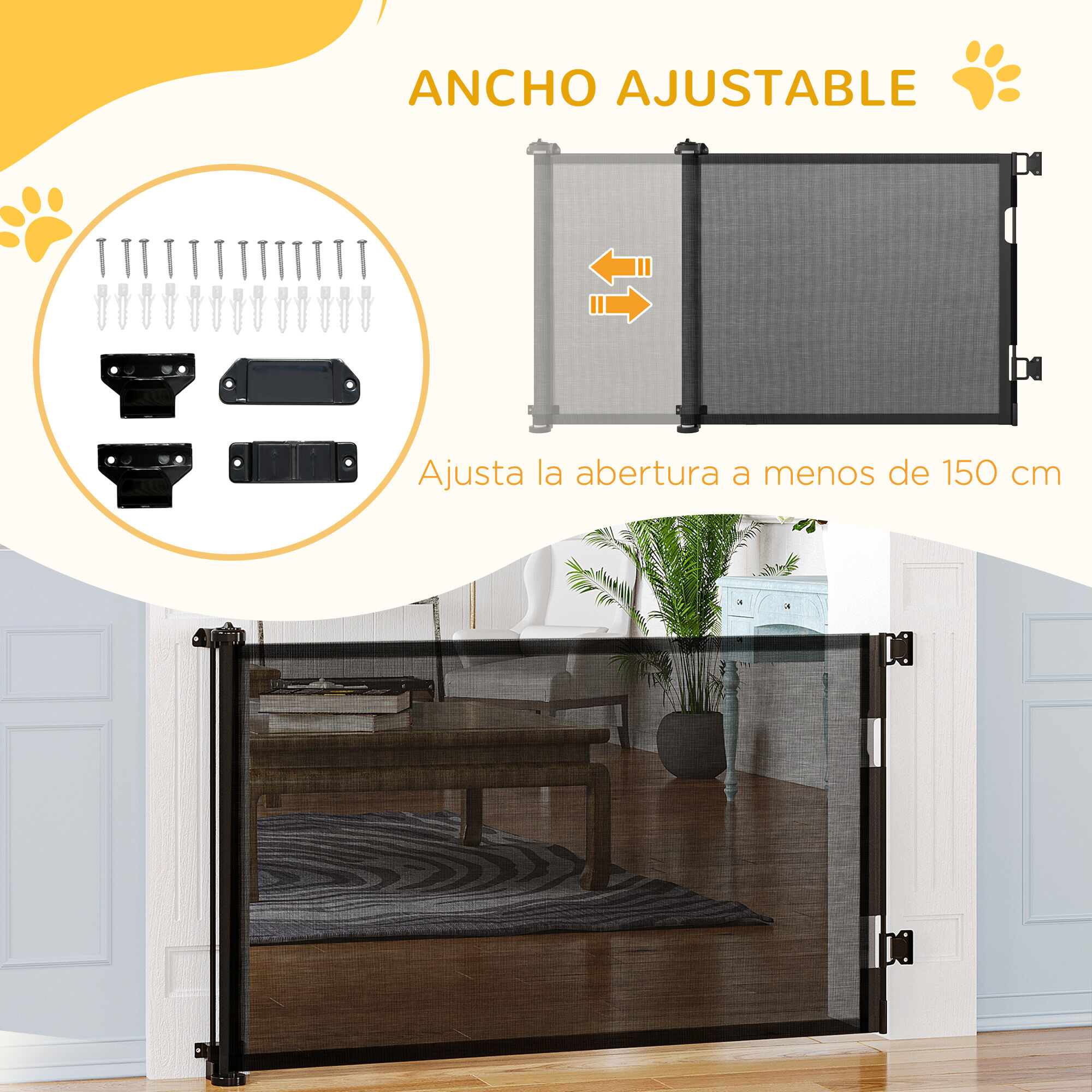 PawHut Puerta de Seguridad para Perros y Gatos Extensible 0-150 cm Puerta Retr&aacute;ctil para Mascotas Barrera para Escaleras y Pasillos Aleaci&oacute;n de Aluminio 165x10,7x85 cm Negro, , large Imagen numero 5