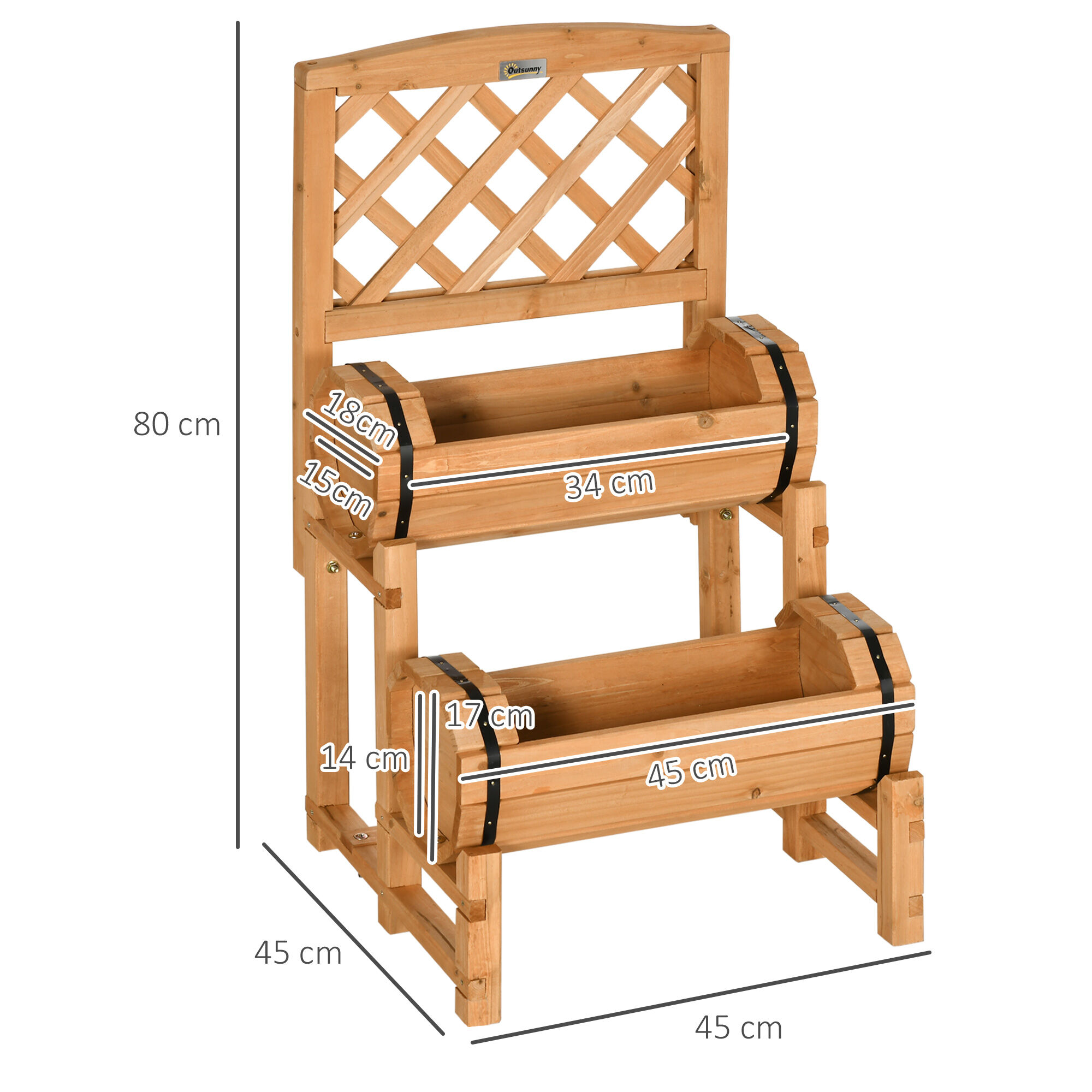 Outsunny Arriate de Jard&iacute;n con Enrejado Tipo Barril con 2 Macetas Macetero con Soporte para Trepadora Cultivos Plantas Flores para Patio Terraza Balc&oacute;n 45x45x80 cm Natural, , large Imagen numero 3