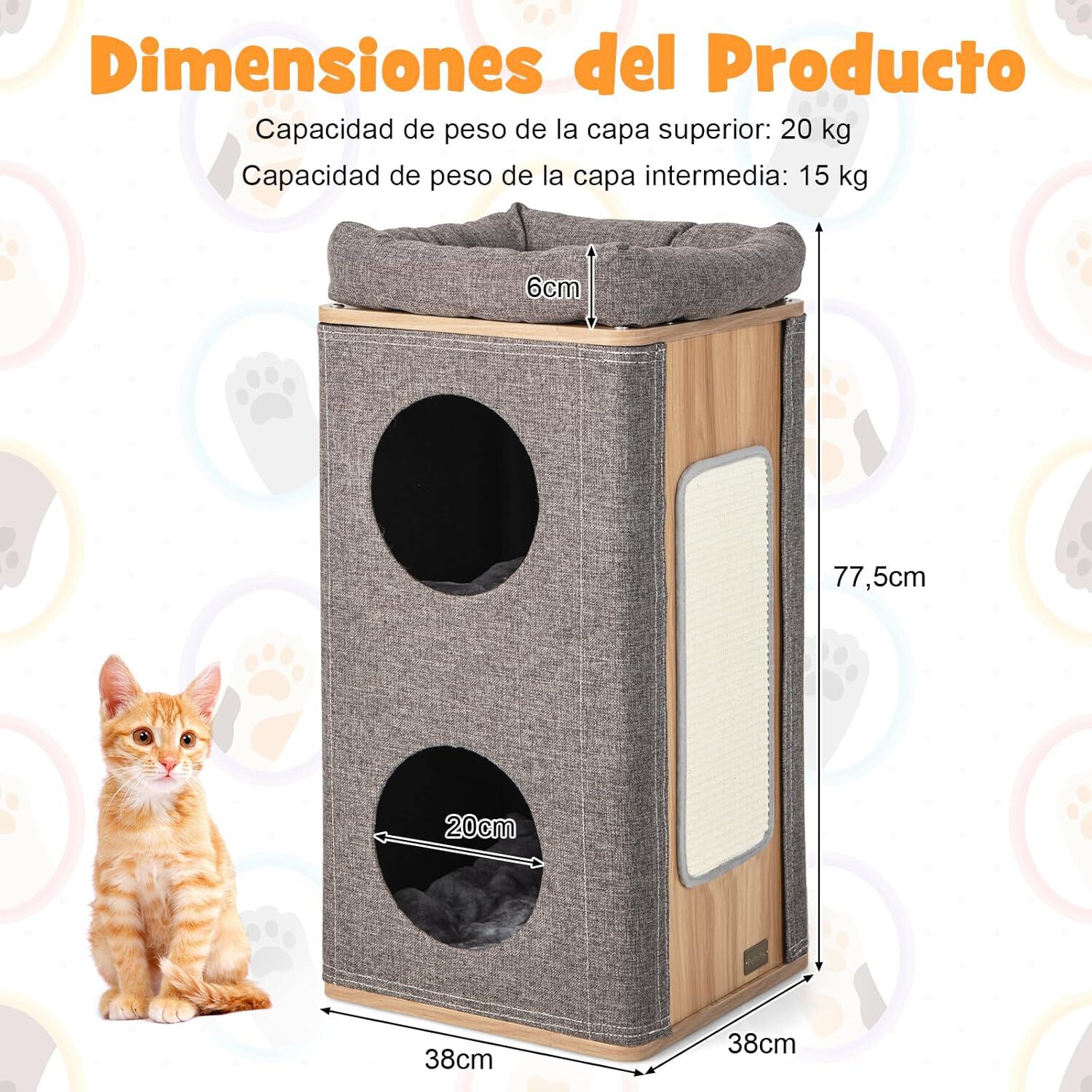 COSTWAY Condominio para Gatos de 3 Pisos, Casa para Gatos con Tabla de Rascar y 2 Entradas, Casa en Forma de Barril para Gatos de Interior, Casa para Gatos de 3 Pisos, 38 x 38 x 77,5 cm, , large Imagen numero 5
