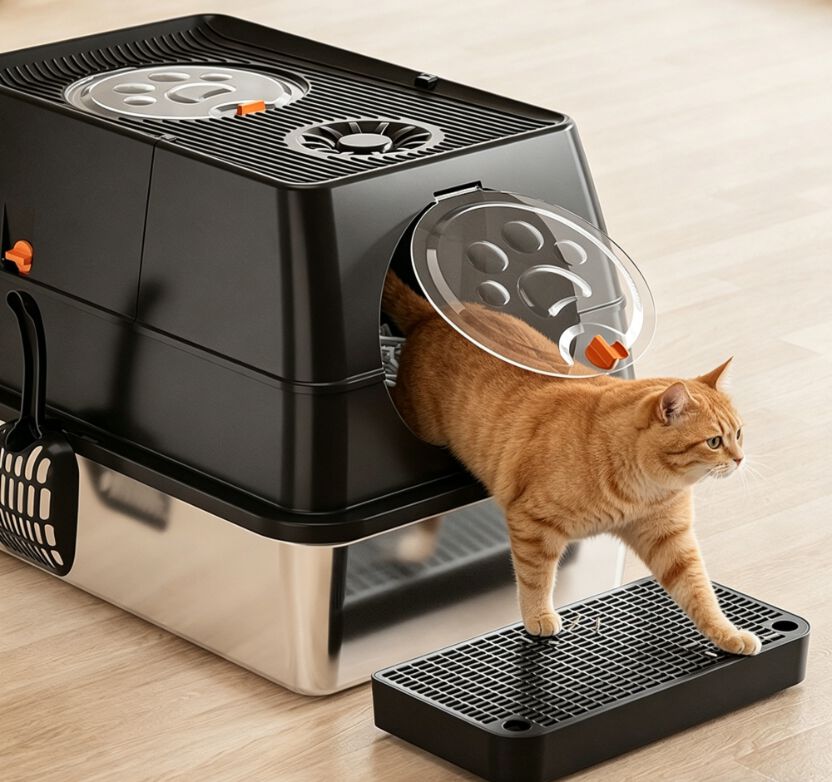 FreshPaw Bandeja Gato Acero Inoxidable XXL, Tapa Abatible, Antiodor + 2 Bolsas Fukumaru, , large Imagen numero 2