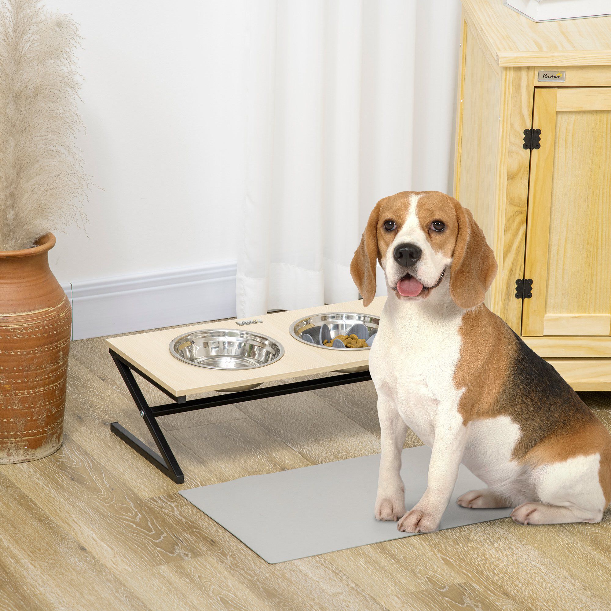 PawHut Comedero Elevado para Perros con Tapete y Comedero Lento Cuencos para Perros con 2 Tazones de Acero Inoxidable 1100 ml para Mascotas Medianos 60x30x18,5 cm Roble, , large Imagen numero 2