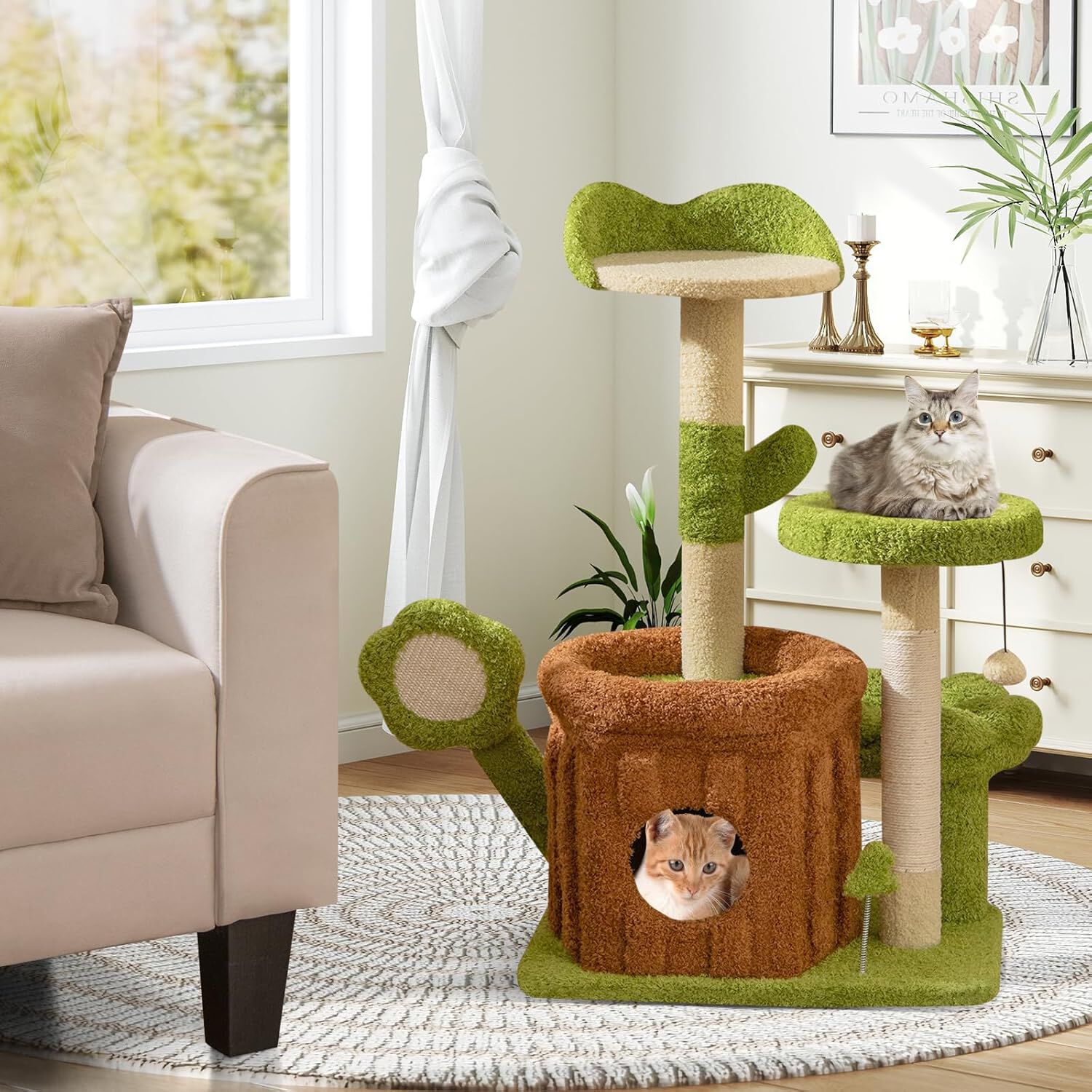 COSTWAY &Aacute;rbol para Gatos de Bosque, Torre Multinivel con Condominio de Tronco, Percha Floral Acolchada, Rascador de Sisal y Juguetes, Centro de Actividades para Gatitos y Adultos, Verde + Marr&oacute;n, , large Imagen numero 3