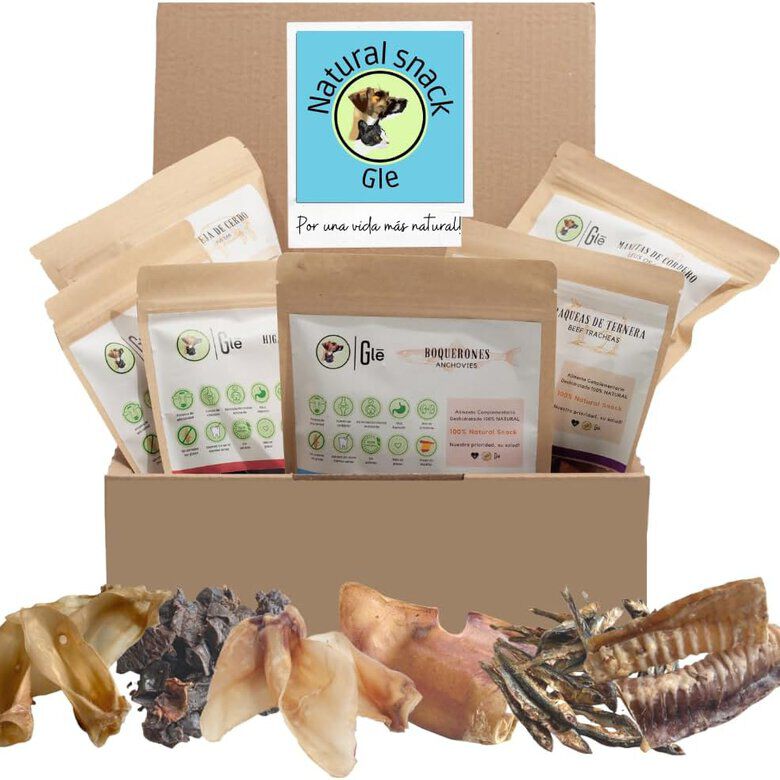 GLE PETS CAJA DE SNACKS NATURALES, REGALOS PARA PERROS, PREMIOS SALUDABLES, 6 BOSLAS VARIADAS, MORDEDORES NATURALES, CAJA AZUL, , large Imagen numero 1