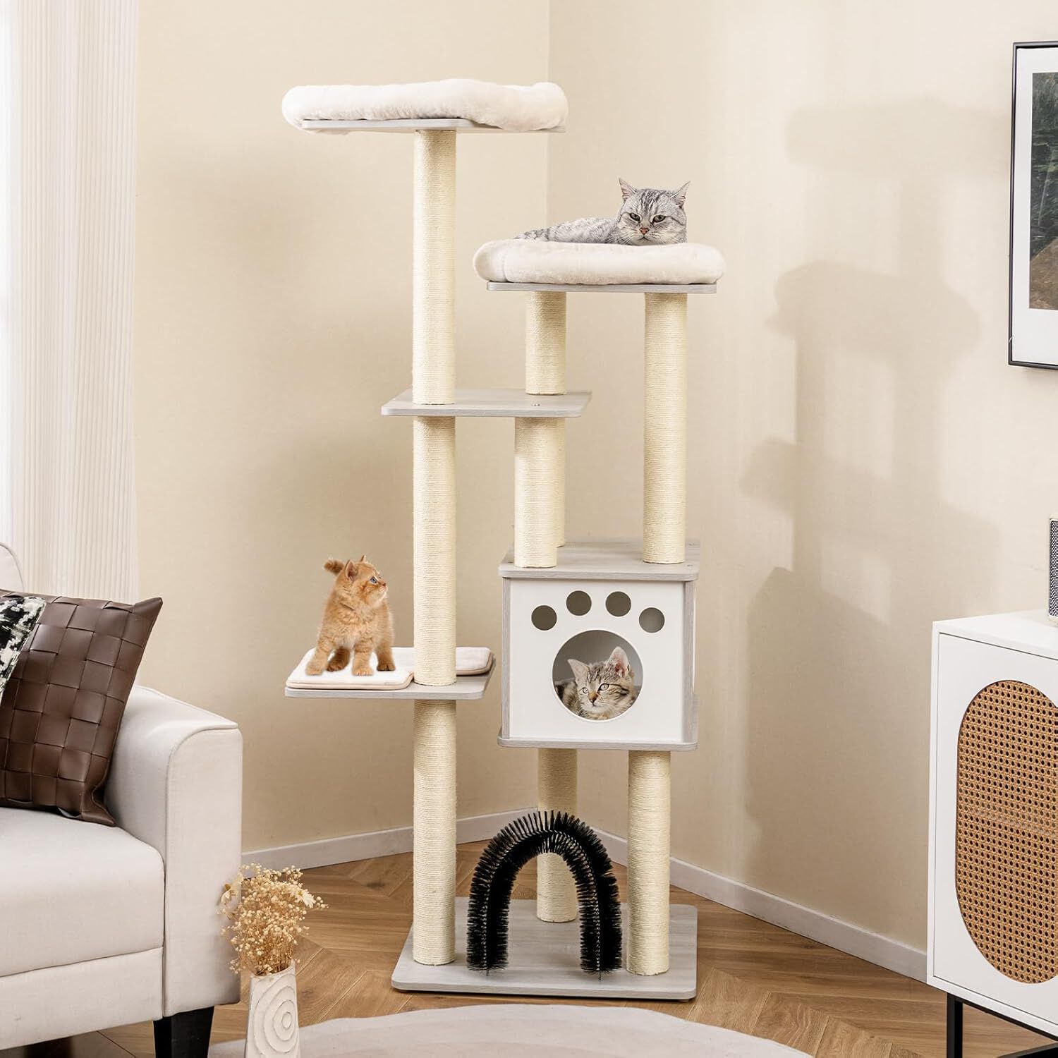 COSTWAY Árbol para Gatos de Interior Moderno, Árbol para Gatos de 6 Niveles con 2 Perchas, Arco para Gatos Que los Cepilla Automáticamente, Torre de Madera para Gatos, Alfombrillas Lavables (Gris) thumbnail