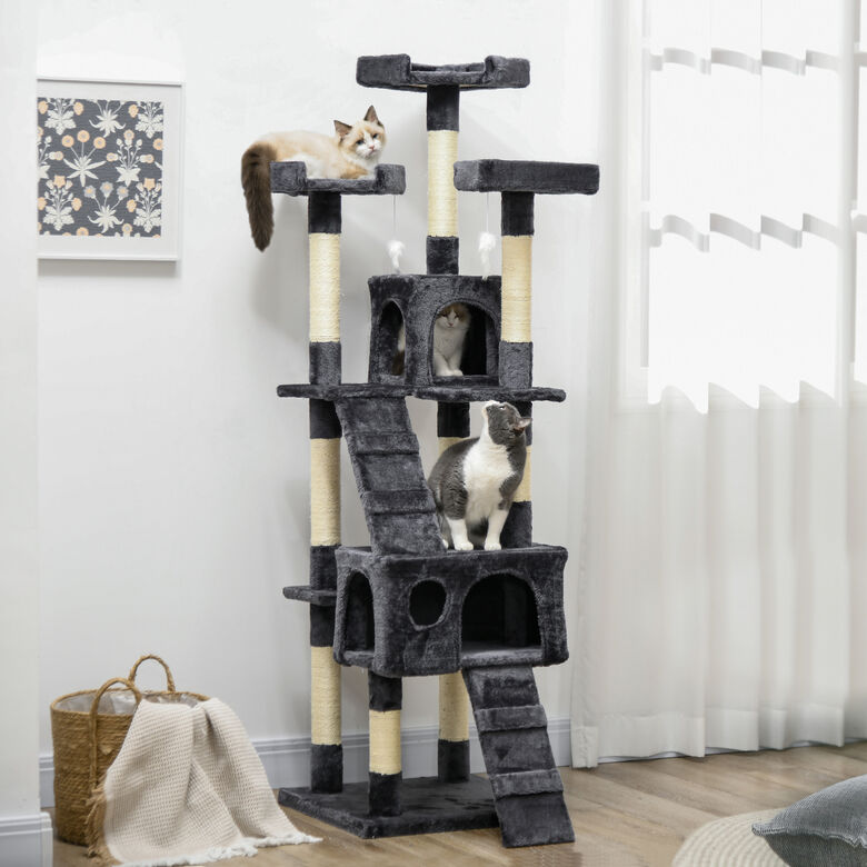 PawHut Árbol Rascador con Nidos Escaleras Juguetes Colgantes y Postes de Sisal Gris Oscuro para Gatos Grandes thumbnail