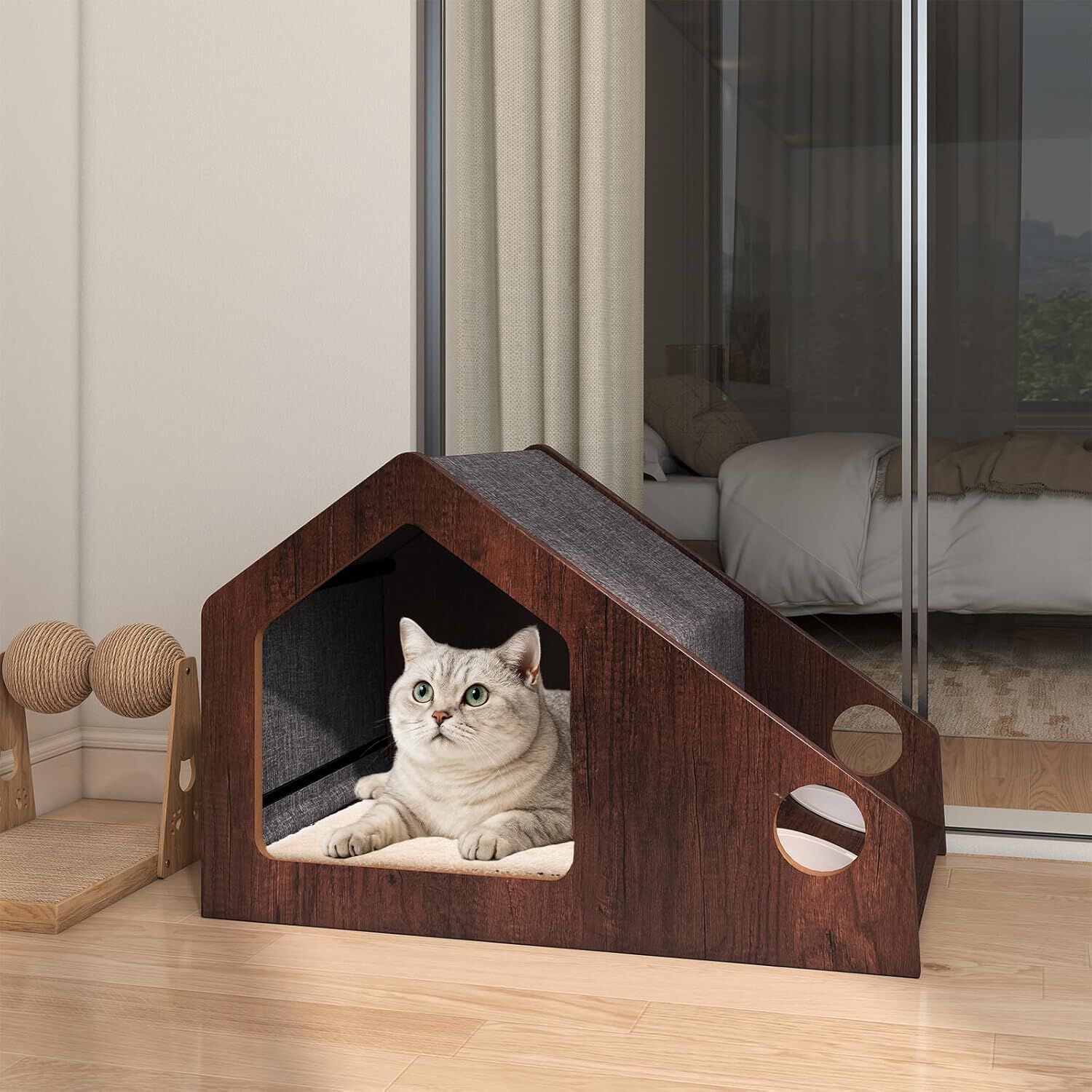 COSTWAY Casa para Gatos de Madera para Interior, 60x40x40 cmCaseta para Gatos con Comedero, Techo Desmontable y Lavable, Estructura Met&aacute;lica, Villa de Estilo de Granja, Refugio Decorativo para Gatitos, , large Imagen numero 2
