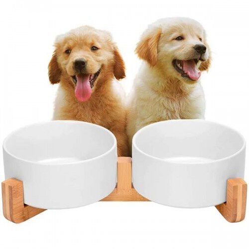 Edipets comedero doble de porcelana y bamb&uacute; blanco para mascotas, , large Imagen numero 1
