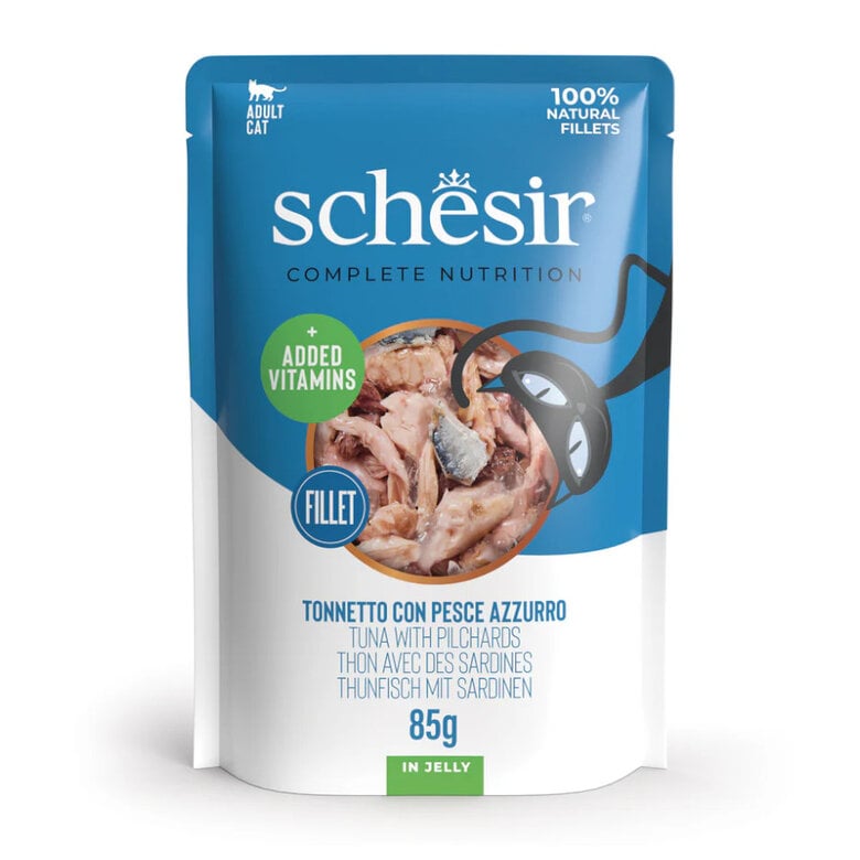 85 g Schesir Adult Atún con Sardina sobre para gatos
