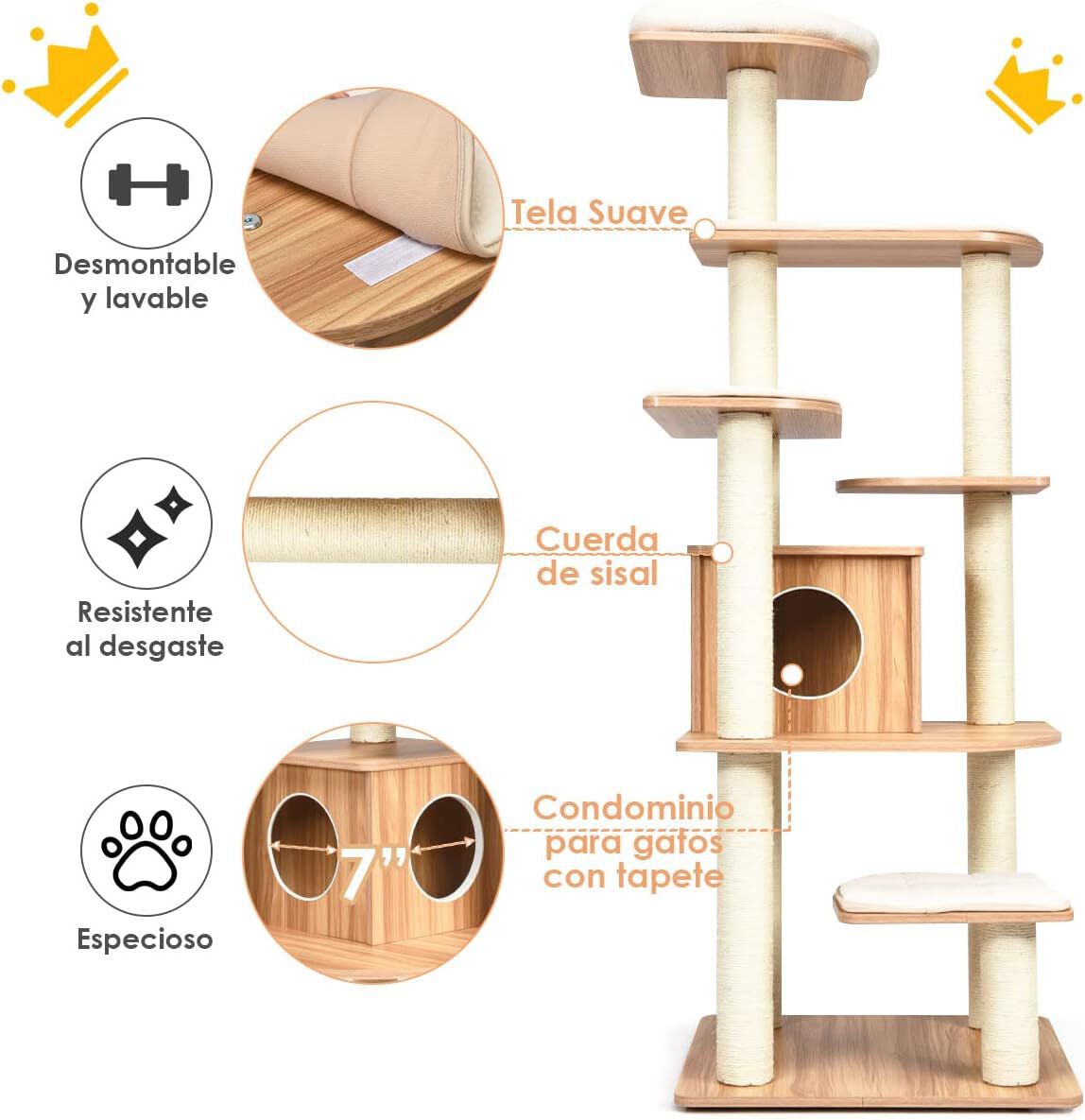 COSTWAY &Aacute;rbol 175 cm para Gatos, Casa para Gatos con Plataformas Multinivel con Rascador y Columnas de Cuerdas de Sisal, Recubierta en Tejido Afelpado Blando, , large Imagen numero 3