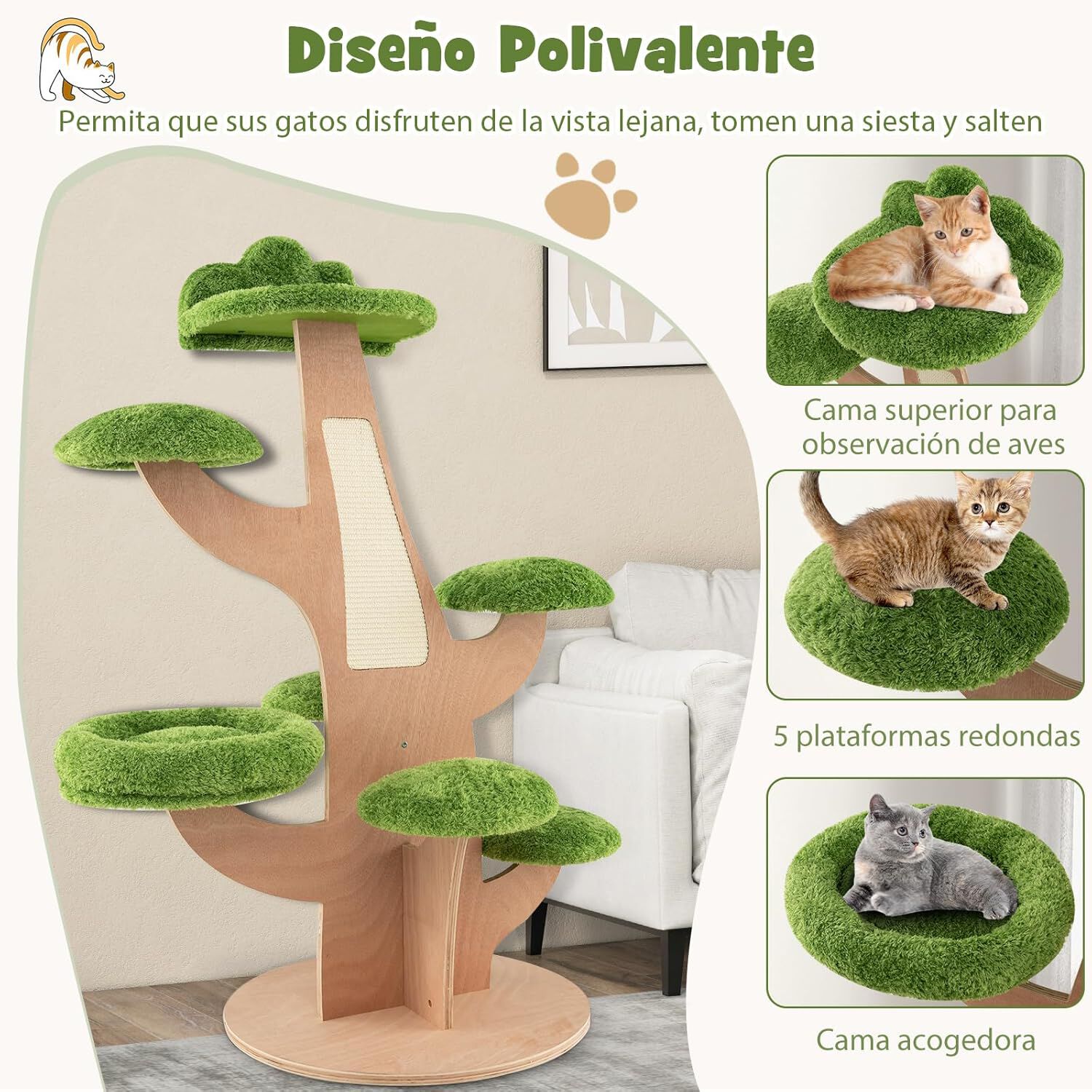 COSTWAY &Aacute;rbol para Gatos Altura 128 cm, Torre para Gatos con Tabla Rascadora, Perca Superior de Felpa, Plataformas de Salto, Centro De Actividades Multifuncional para Gatitos, , large Imagen numero 3