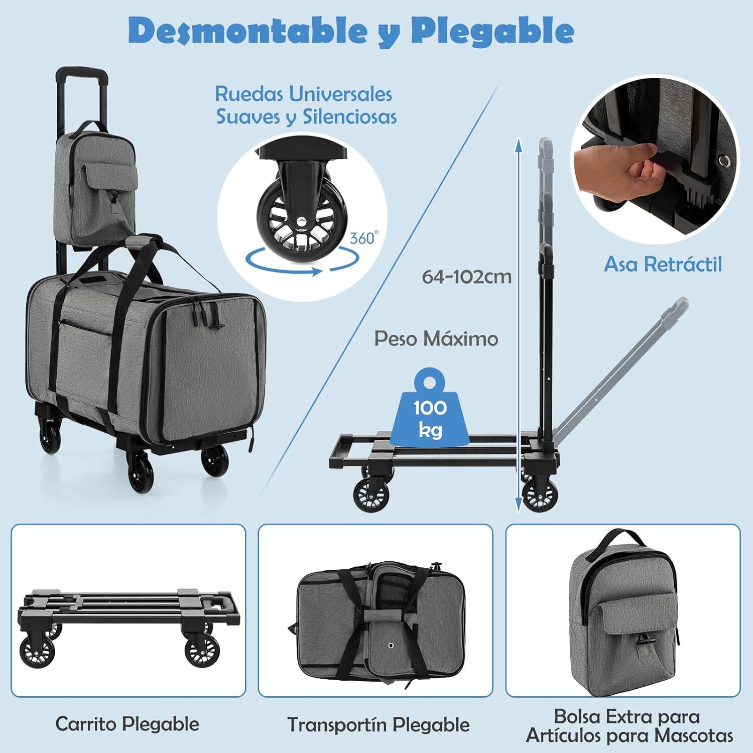 COSTWAY Transport&iacute;n Plegable con Ruedas para Mascotas, Bolsa Trasport&iacute;n de Viaje para Perros Gatos, Transportador con Almohadillas y Manija Telesc&oacute;pica para Mascotas Peque&ntilde;as Medianas, , large Imagen numero 5