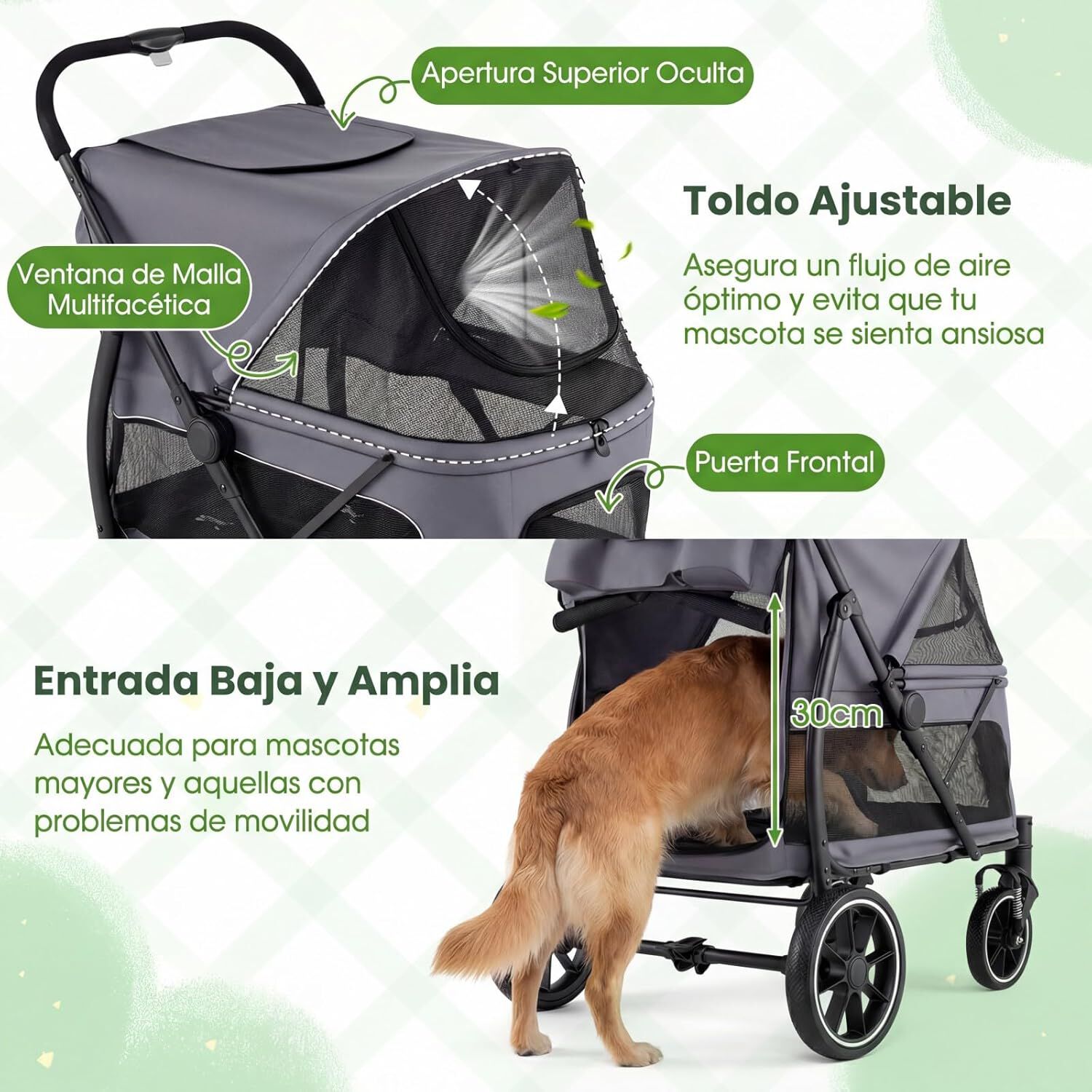 COSTWAY Carrito para Perros Plegable Grande, Cochecito para Mascotas con Ruedas, Toldo Ajustable de Malla, Bolsillos de Almacenamiento y Cintur&oacute;n de Seguridad, Carga 40 kg, 96 x 71 x 102,5 cm, Gris, , large Imagen numero 3