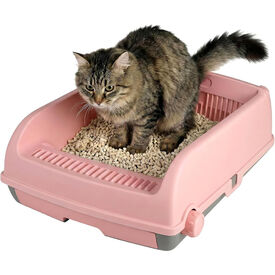 COSTWAY Arenero para Gatos con Bordes Altos, 60x46x24 cm, Caja de Arena para Gatos Semi-Autom&aacute;tica a Prueba de Salpicaduras con Bandeja Tipo Caj&oacute;n, Pala Deslizante y Pedal Filtrante de Arena (Rosa)