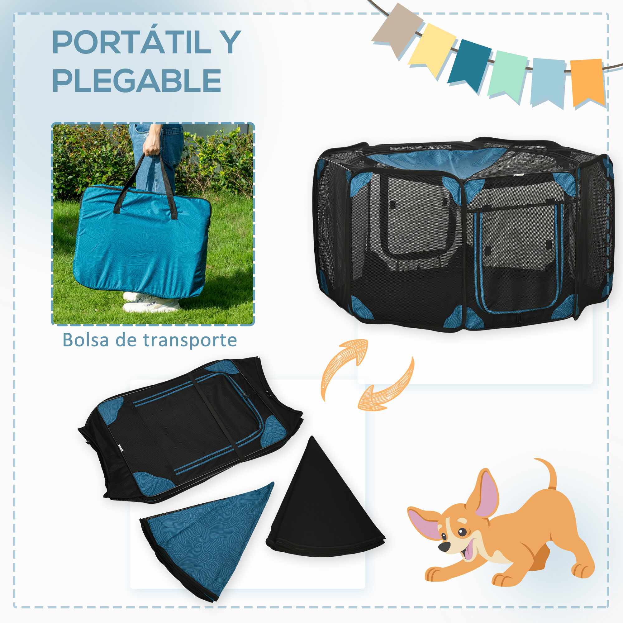 PawHut Parque Plegable para Perros y Gatos de 8 Paneles Parque de Juego para Mascotas con Bolsa de Transporte Recinto Port&aacute;til para Conejos Conejillos de Indias &Oslash;154x76 cm Azul, , large Imagen numero 15
