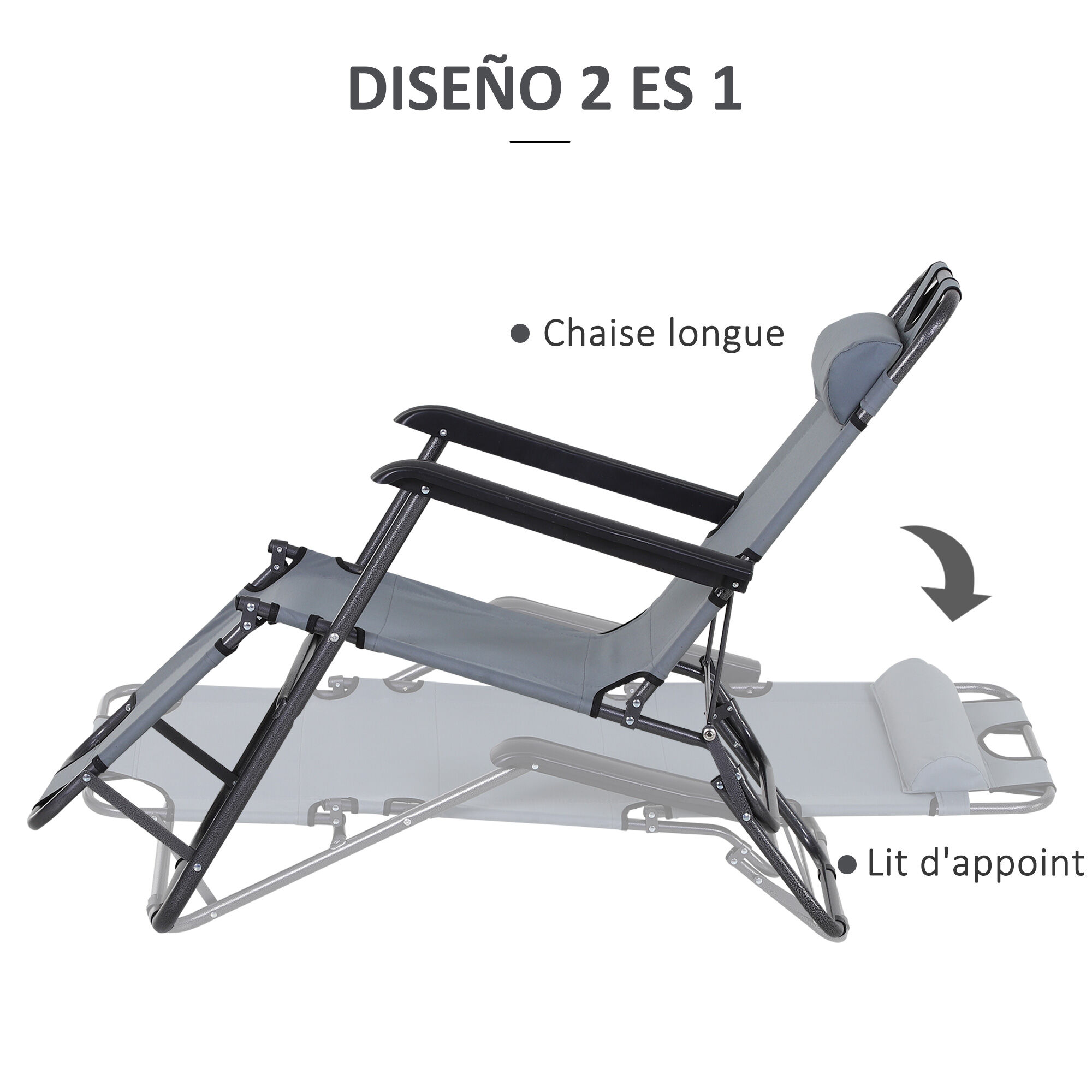Outsunny Tumbona Reclinable y Plegable Tumbona de Jard&iacute;n con Respaldo Ajustable en 2 Niveles Reposacabezas y Bolsillo Silla Tumbona para Terraza Carga 136 kg 118x60x80 cm Gris, , large Imagen numero 5