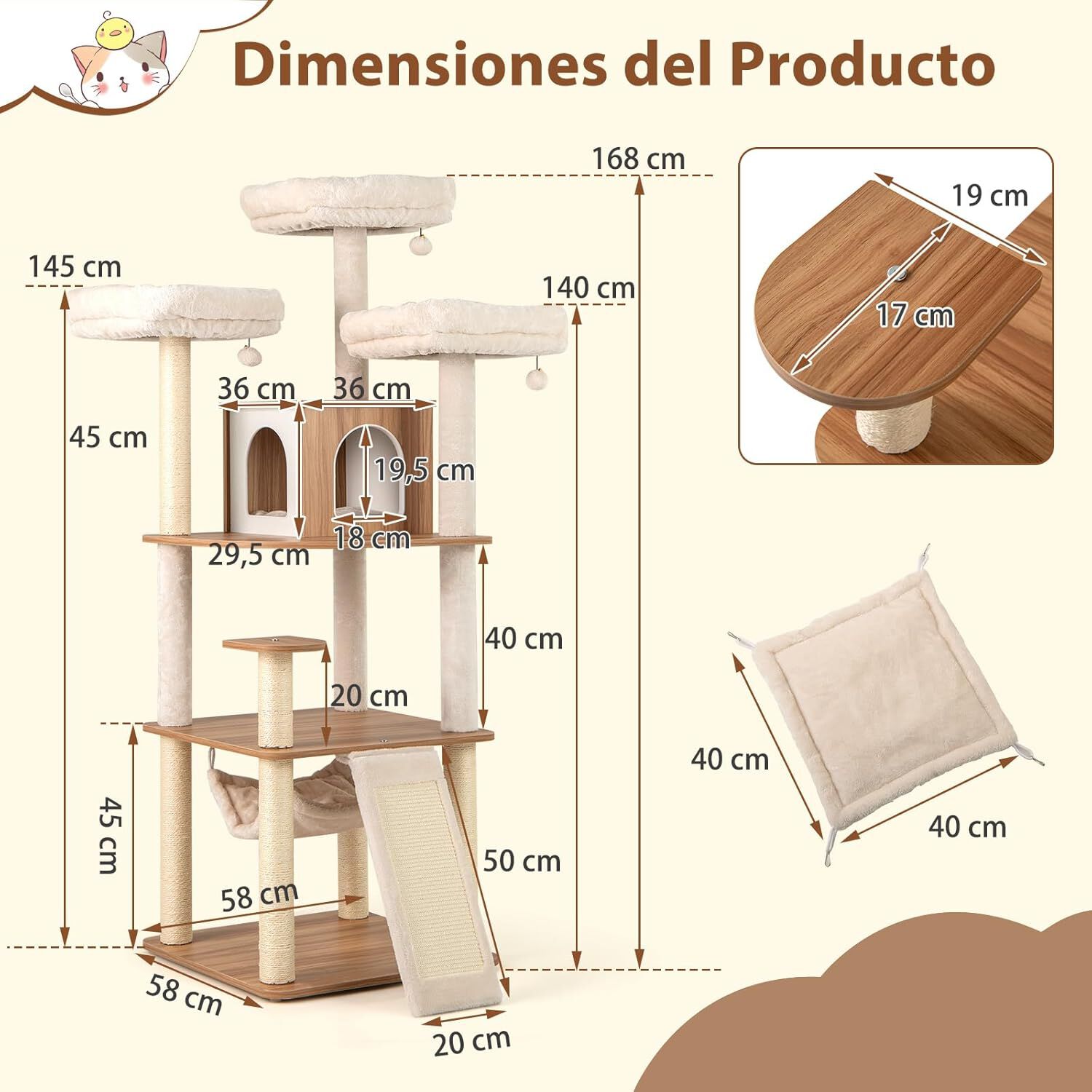 COSTWAY Rascador para Gatos de 168 cm, Árbol para Gatos con 3 Perchas Acolchadas, Postes Rascadores de Sisal, Bolas, Cojines Lavables, Mueble Multinivel para Gatos de Interior thumbnail