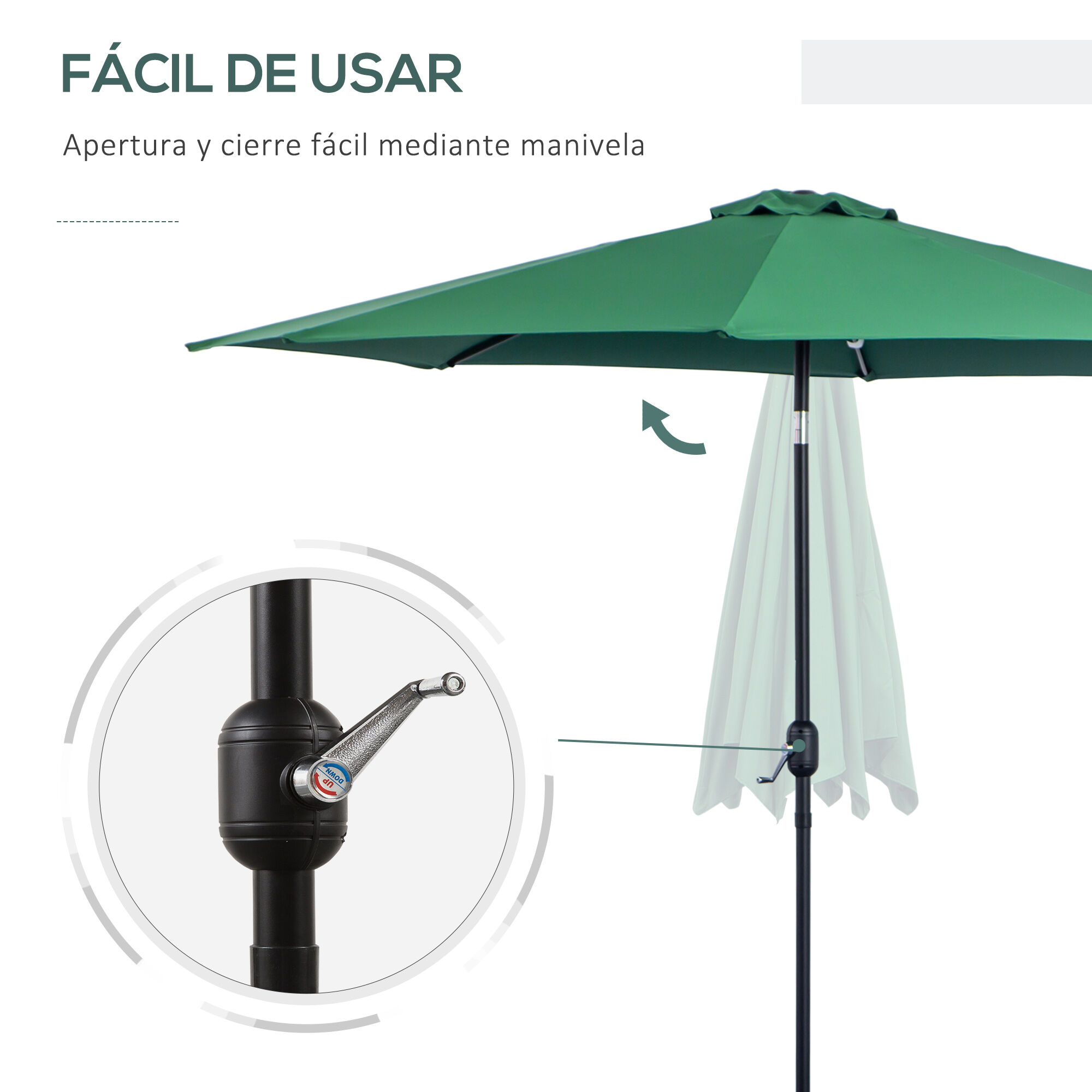 Outsunny Sombrilla de Jard&iacute;n &Oslash;295x250 cm con Manivela Parasol Exterior con Mecanismo de Inclinaci&oacute;n y Poste Desmontable de Metal para Terraza Piscina Patio Verde, , large Imagen numero 4