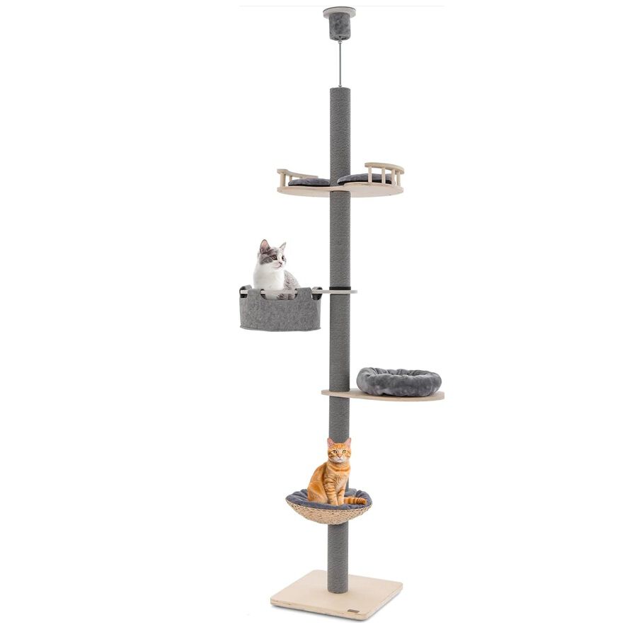 COSTWAY Torre para Gatos Altura de 236-271 cm, &Aacute;rbol Rascador para Gatos para Fijar al Techo de 5 Niveles, Ajustable en Altura con Hamaca,Cesta de Peluche, Cama Blanda y Poste Rascador para Gatos, , large Imagen numero 1
