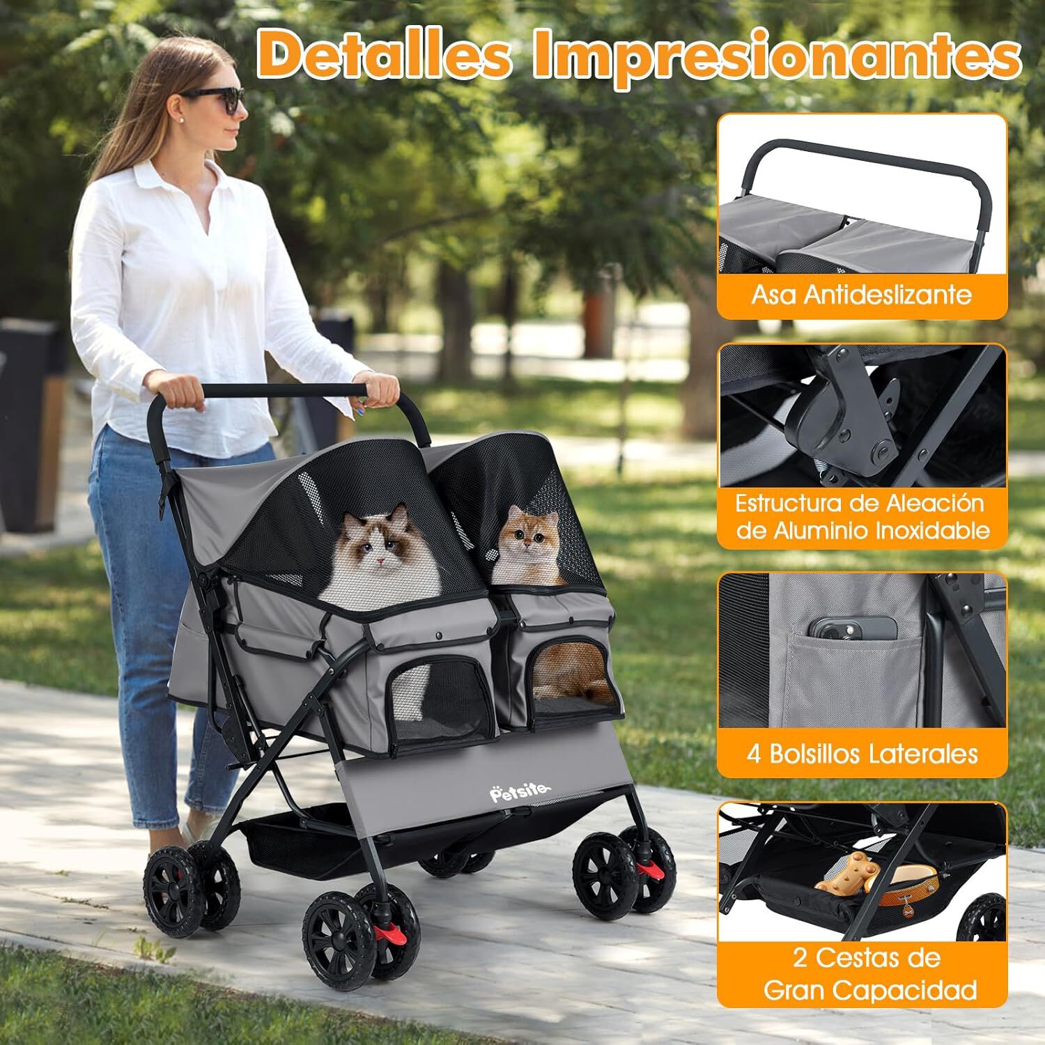 COSTWAY Carrito para Perros Doble, Cochecito Plegable para Perros con 2 Portabeb&eacute;s, Sombrilla Ajustable, Almohadilla Extra&iacute;ble, Cintur&oacute;n de Seguridad, Cesta, Carro Mascotas, Carga 12 kg uno (Gris), , large Imagen numero 4