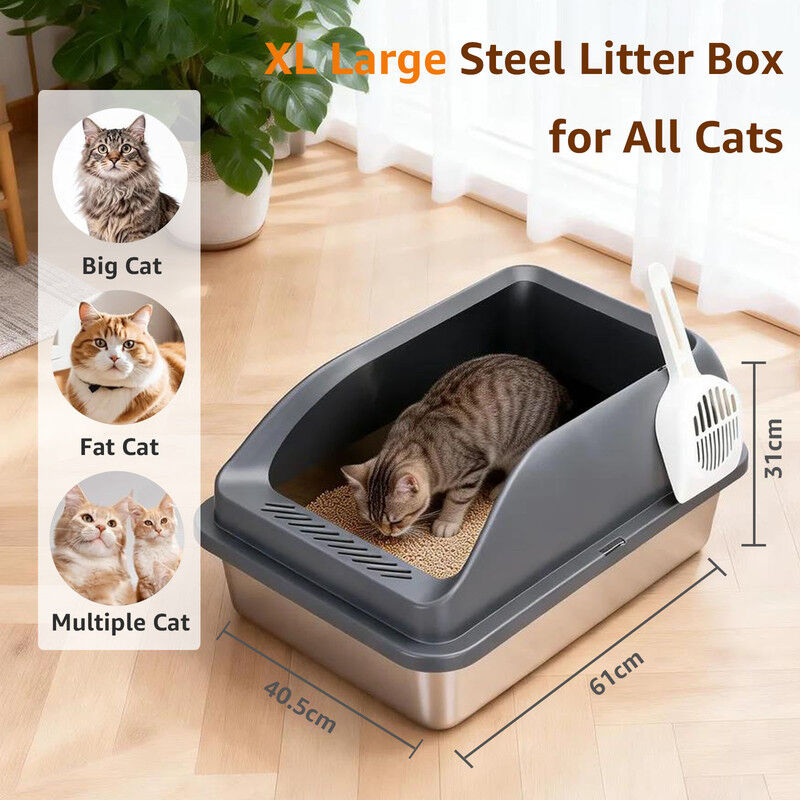 Nobleza Arenero de Acero Inoxidable para Gatos XL 61*40cm, Caja de Arena con Paredes Altas Anti-Salpicaduras, Kit con Alfombra de Doble Capa y Pala, Higi&eacute;nico, Sin Olores, Gris Plata, , large Imagen numero 2