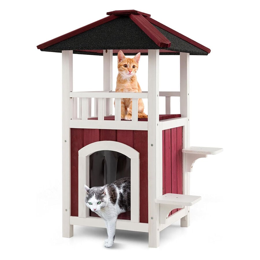 COSTWAY Caseta para Gatos de Madera, Casa para Mascotas de 2 Pisos con Techo de Asfalto, Cortina de Lluvia y Plataformas de Saltar, Refugio para Gatos a Prueba de Intemperie, 58 x 50 x 87 cm