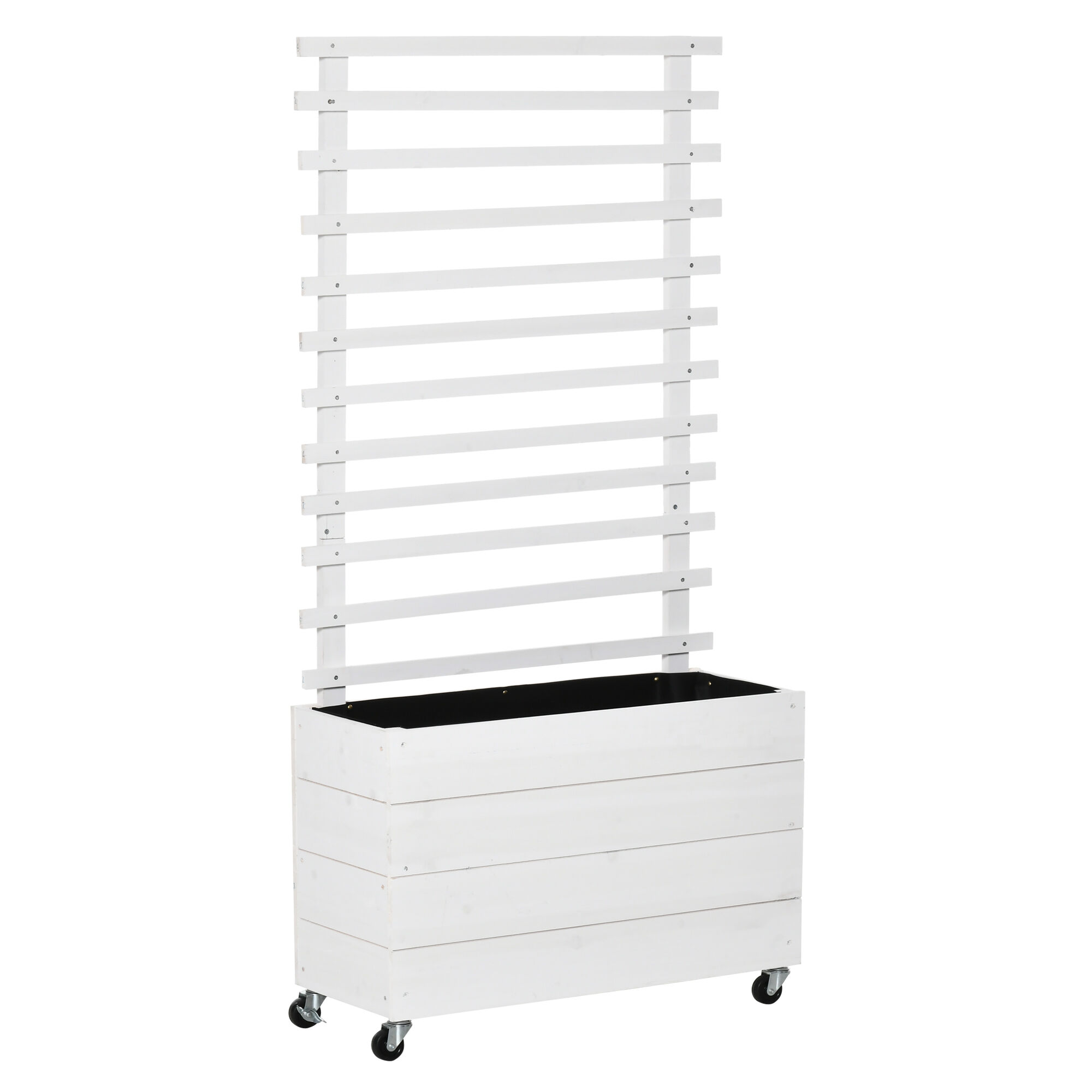 Outsunny Jardinera con Enrejado de Madera Maciza con 4 Ruedas Macetero de Jard&iacute;n con Soporte para Trepadora y Tela Geotextil para Cultivos Plantas Flores 76x30x155 cm Blanco, , large Imagen numero 1