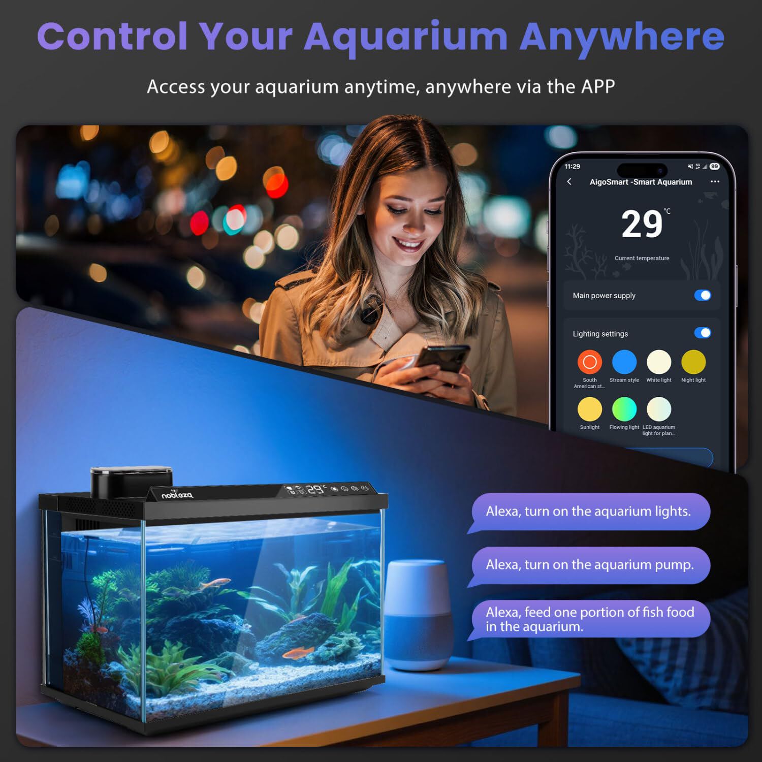 Nobleza Acuario Inteligente 30L - Control por App/Google Assistant/Alexa - Pecera Inteligente con Triple Filtración, Alimentación Remota, Drenaje Automático en 1 Toque - Color Negro thumbnail