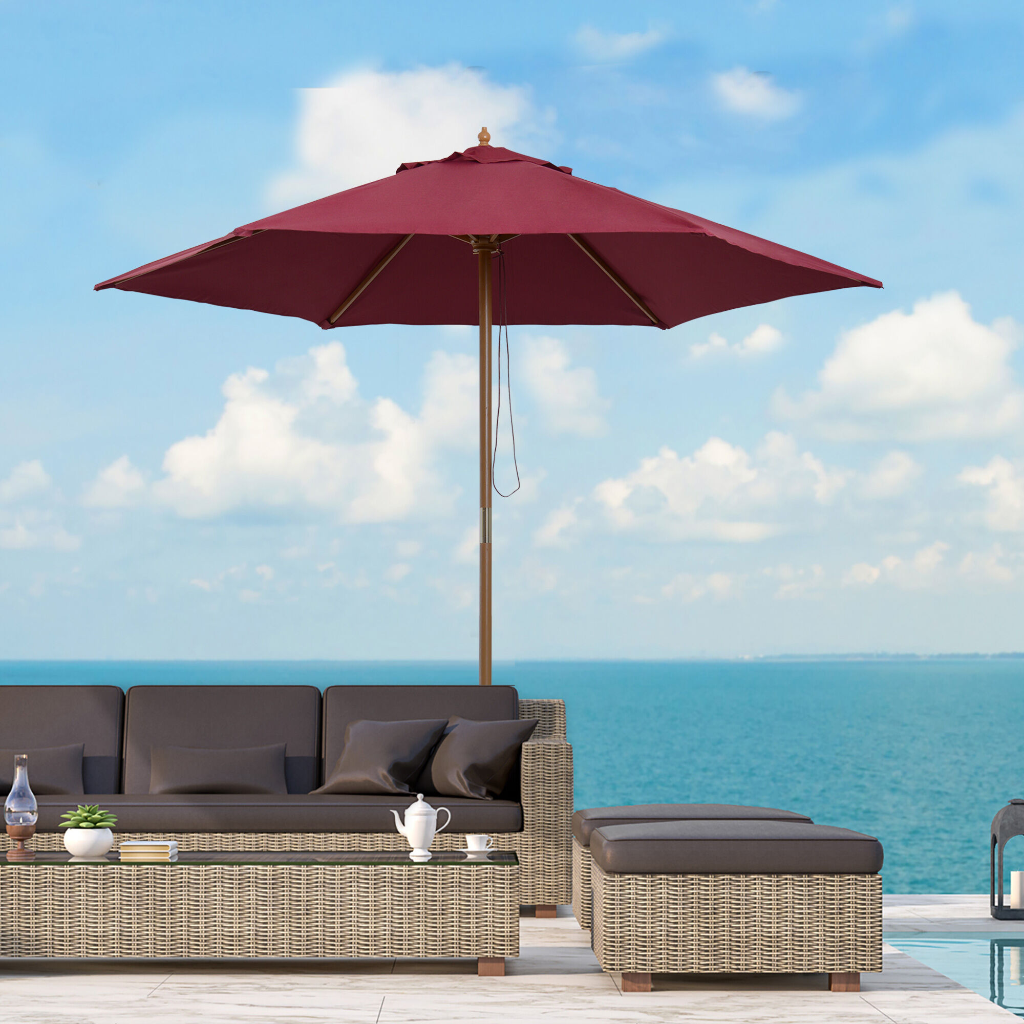 Outsunny Sombrilla Parasol de Madera &Oslash;250x230cm para Exterior con 6 Varillas Sistema de Cuerda con Fijaci&oacute;n Desmontable Port&aacute;til F&aacute;cil de Guardar y Transportar Rojo Vino, , large Imagen numero 2