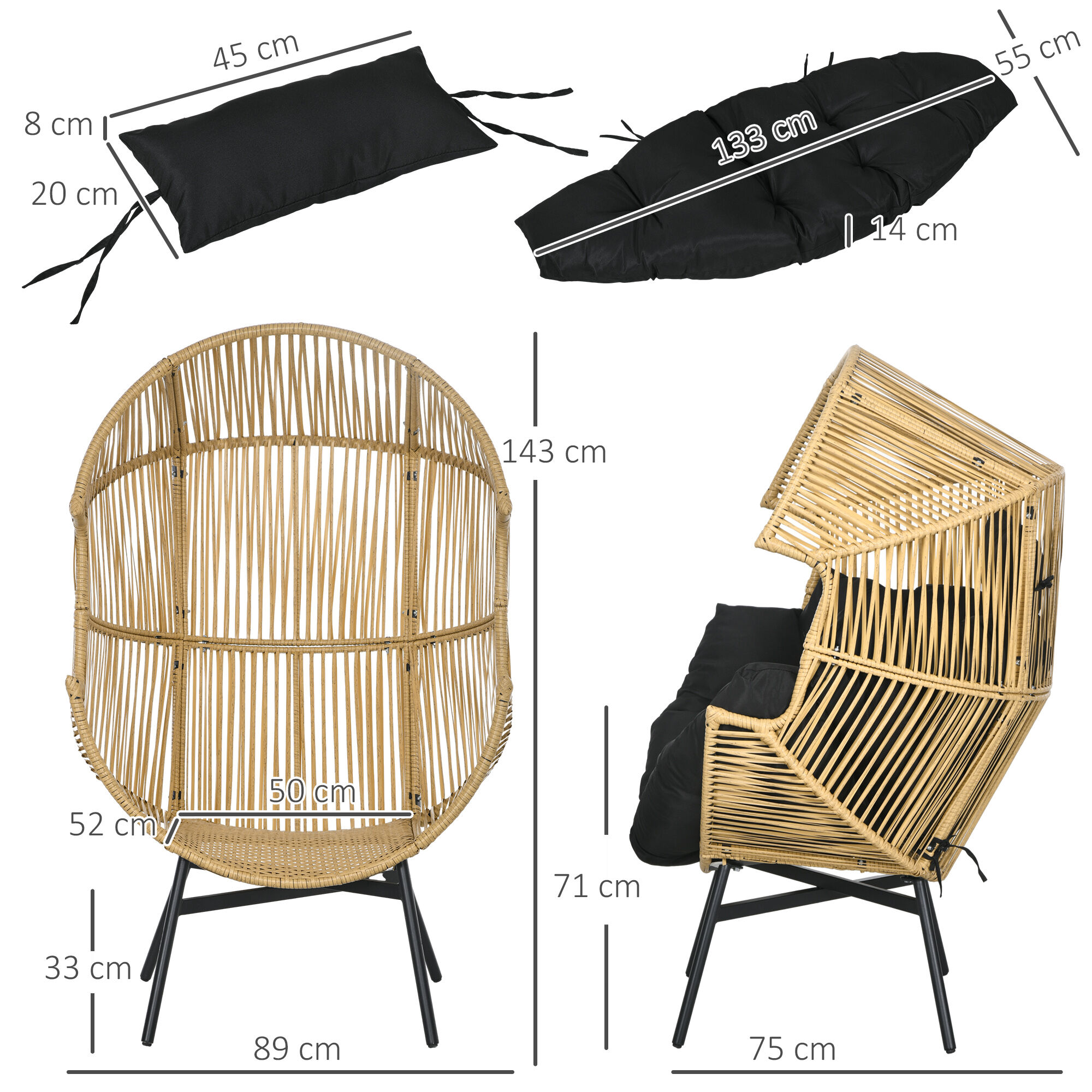 Outsunny Sill&oacute;n de Rat&aacute;n Sint&eacute;tico Silla de Terraza en Forma de Huevo con Reposacabezas Acolchado Coj&iacute;n y Marco de Acero para Jard&iacute;n Balc&oacute;n 89x75x143 cm Arena y Negro, , large Imagen numero 3