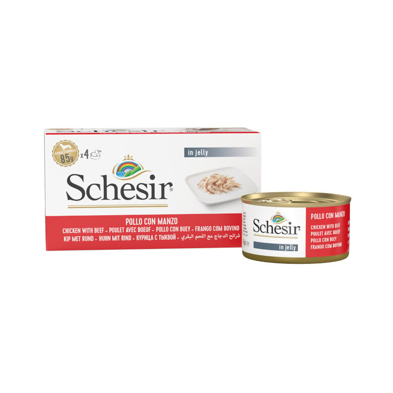 4 latas x 85 g Schesir Filetes de Pollo con Buey en Gelatina lata para perros