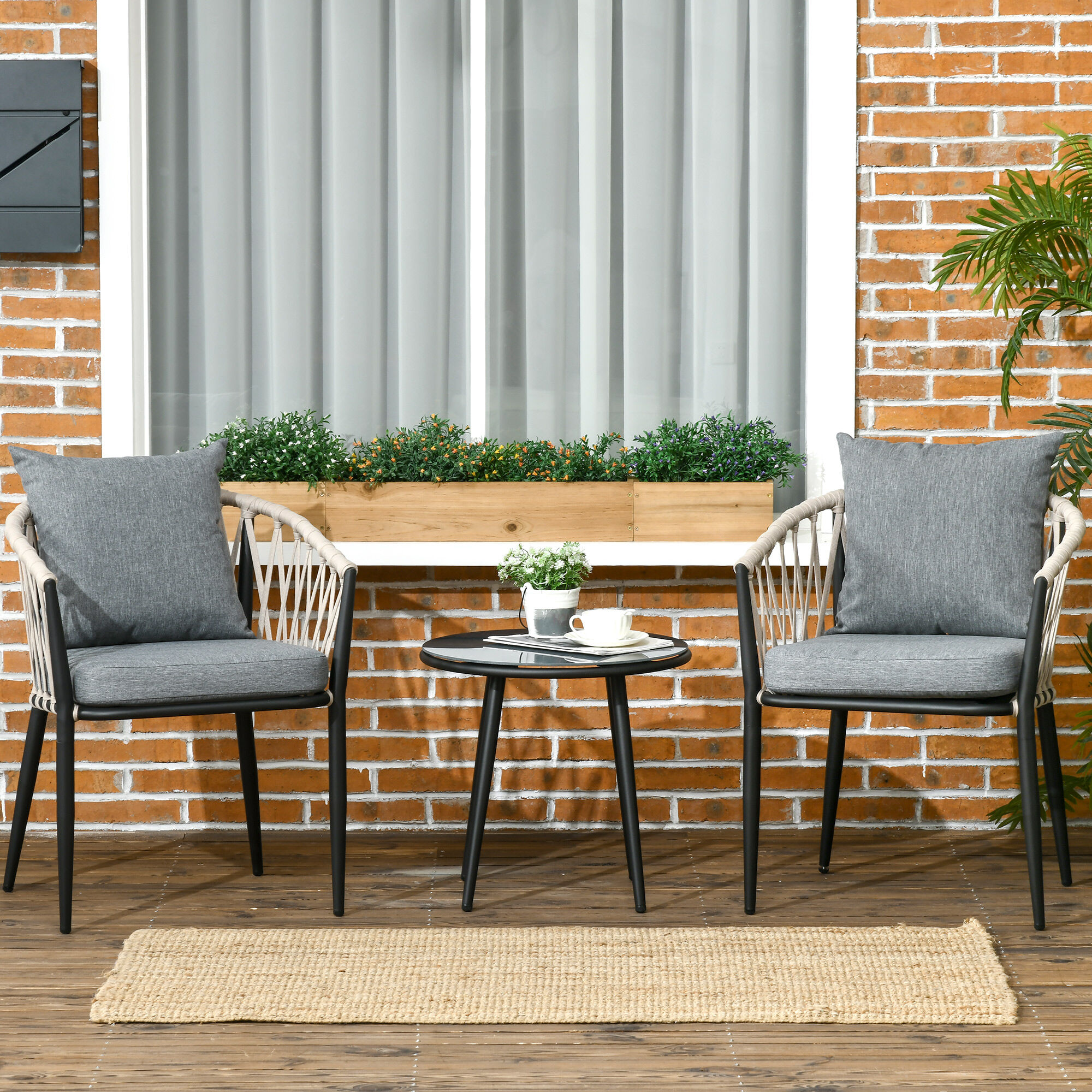Outsunny Conjunto de Muebles de Jard&iacute;n 3 Piezas Juego de Muebles de Terraza Incluye Mesa con Encimera de Vidrio Templado y 2 Sillones con Cojines Reposabrazos de Cuerda Polipropileno Gris, , large Imagen numero 2