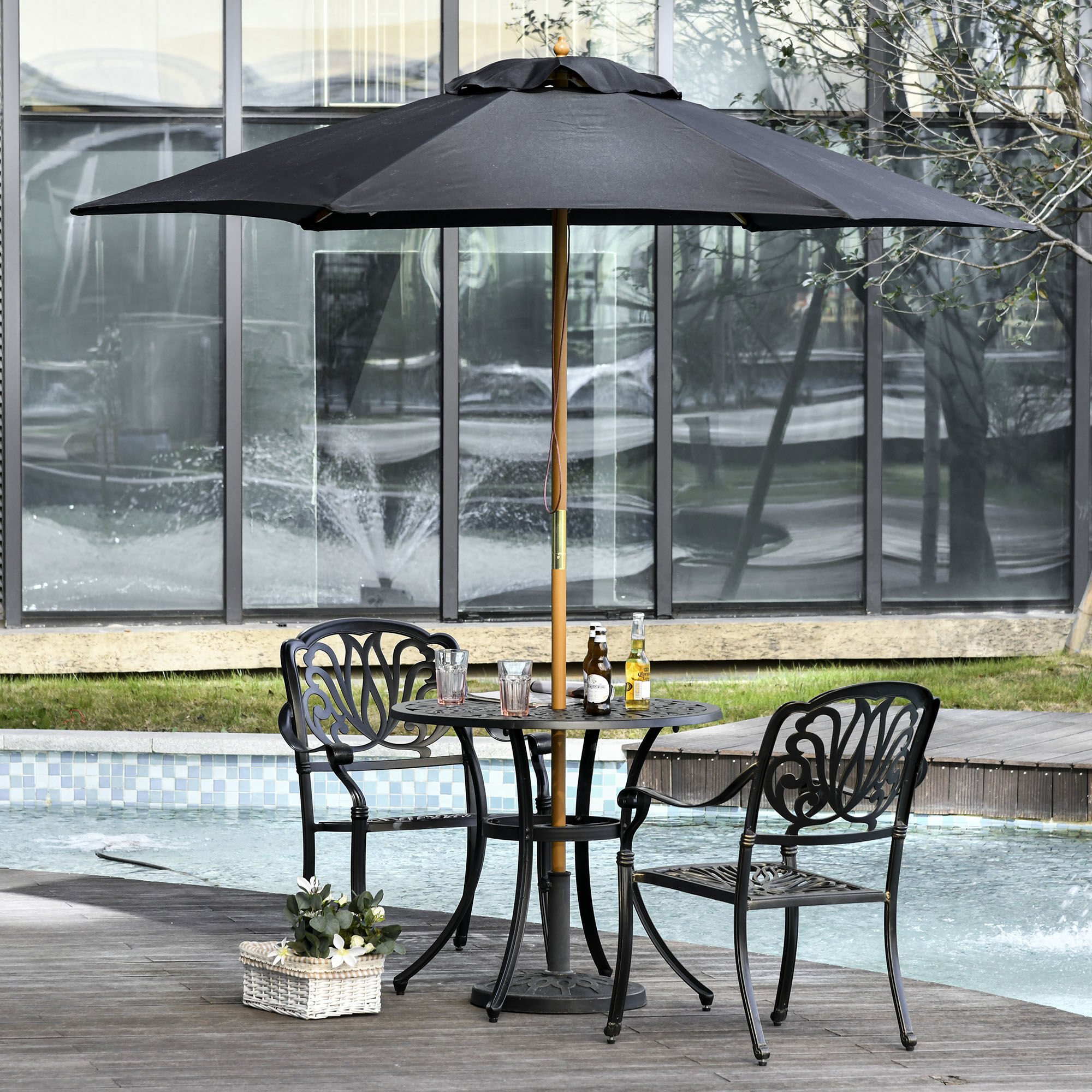 Outsunny Sombrilla Parasol De Madera Para Exterior Negro thumbnail