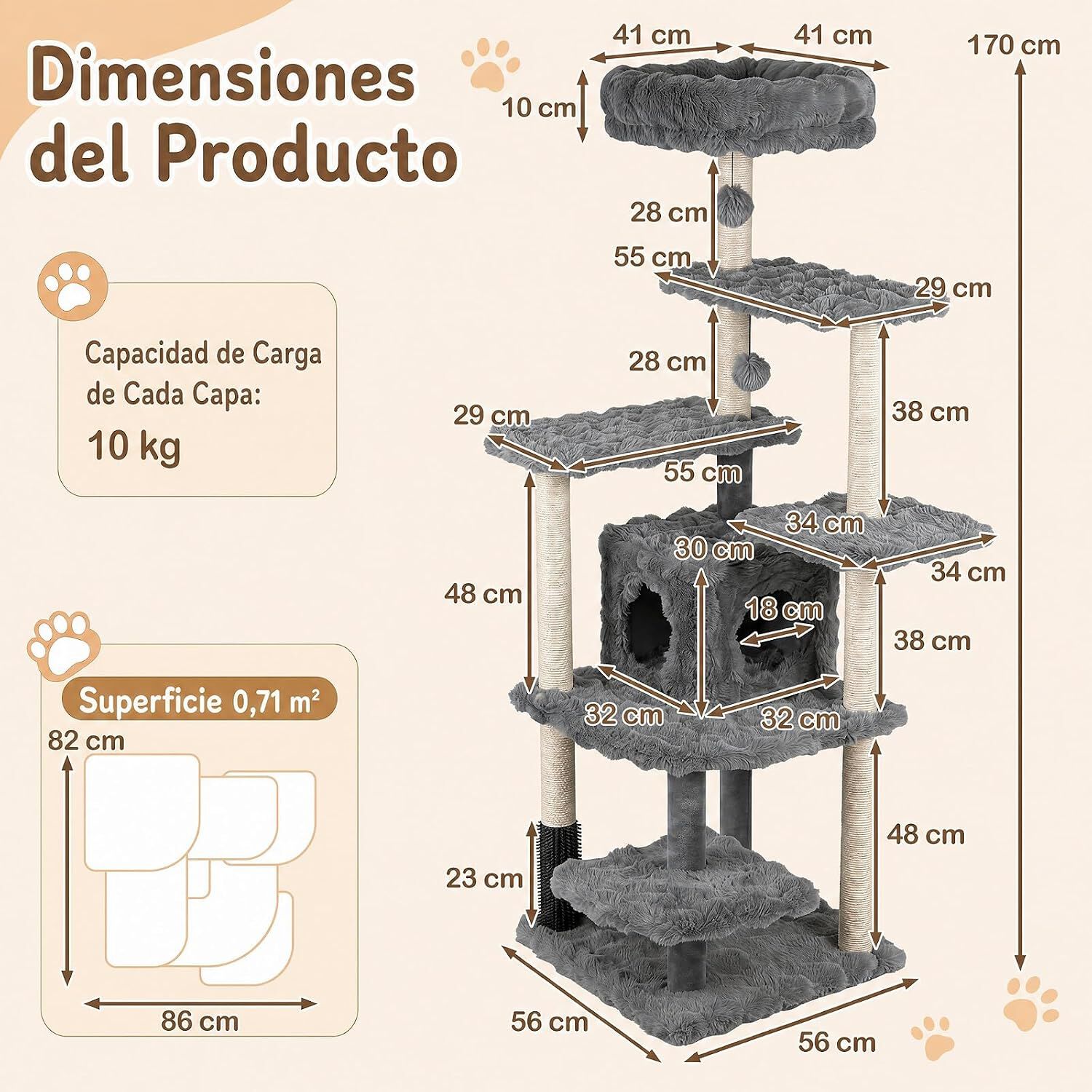 COSTWAY 170 cm &Aacute;rbol para Gatos de 7 Niveles con Casita, Torre de Juego para Gatos con 6 Plataformas, Cepillo, Postes de Sisal, Bolas Colgantes, Centro de Actividad para Mascotas, Gris, , large Imagen numero 3