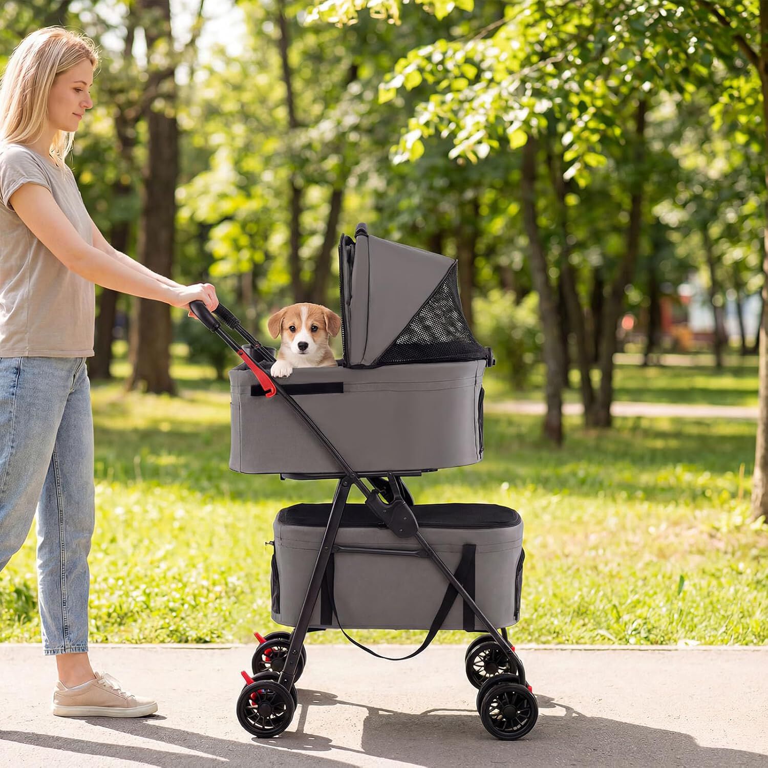 COSTWAY Carrito para Perros Plegable Doble 3 en 1, Cochecito para Perros con 2 Portadores Desmontables, Ruedas con Freno, Malla Transpirable, Portavasos, Carro para Mascotas hasta 15 kg, Gris, , large Imagen numero 2