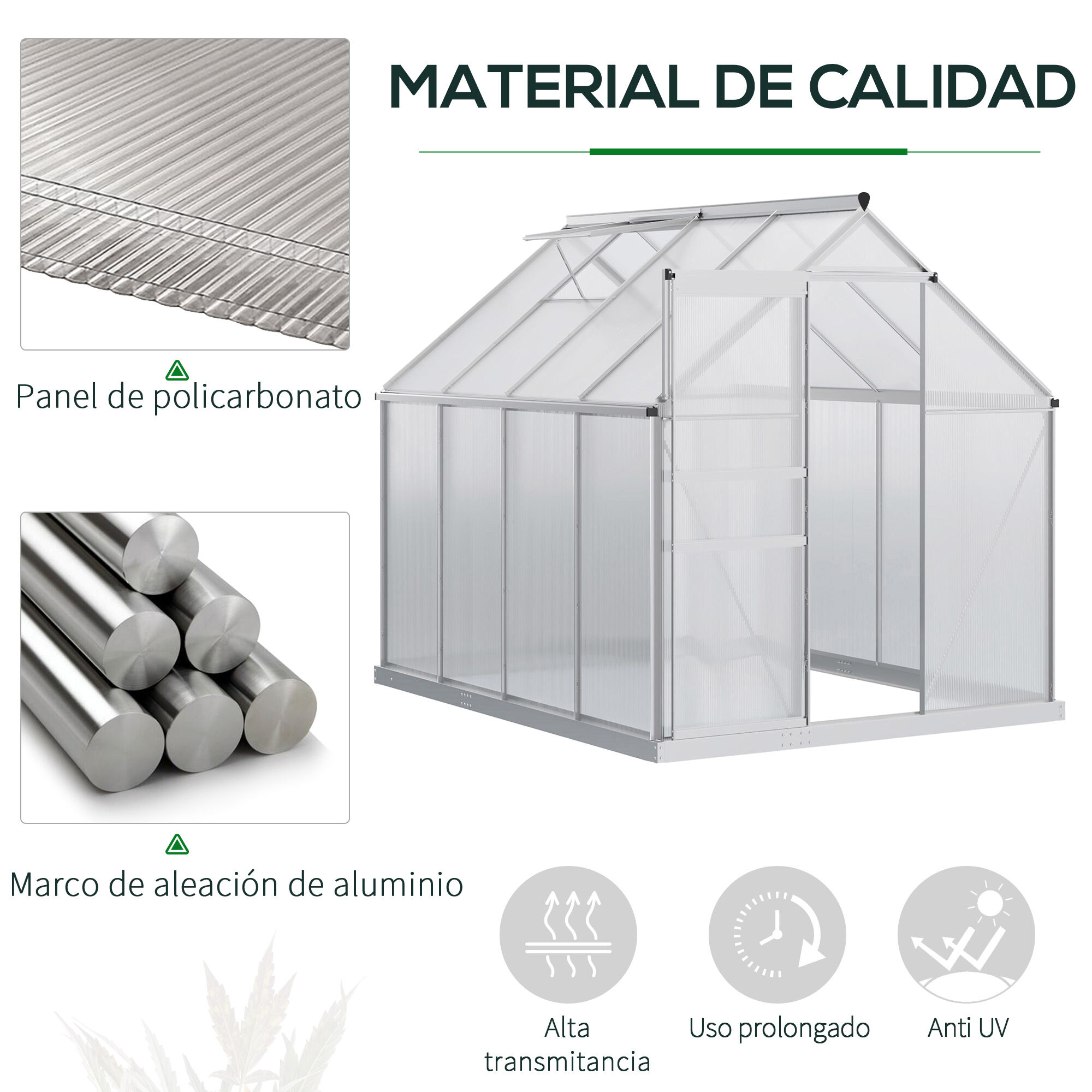 Outsunny Invernadero Policarbonato Aluminio de Jard&iacute;n 190x253x199 cm 4,8m&sup2; Caseta de Exterior con Base Puerta Corredera y Tragaluce para Cultivo Plantas Semillas Transparente, , large Imagen numero 4