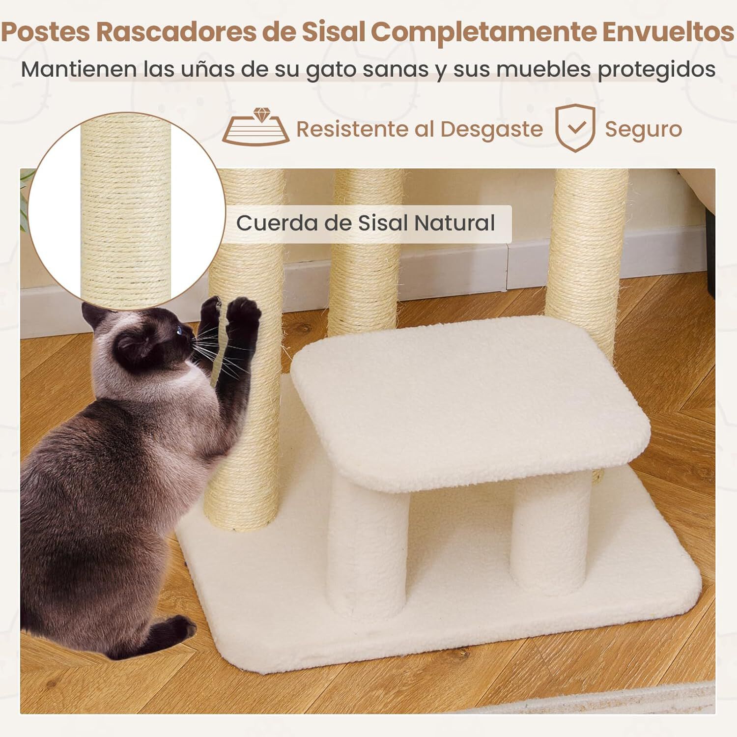 COSTWAY &Aacute;rbol Rascador para Gatos, 61 cm Torre para Gato con C&oacute;moda Cama y Manta de Peluche, 3 Postes Rascador de Sisal, Plataforma Acolchada, &Aacute;rbol Gatos Peque&ntilde;o, Ahorrar Espacio, Blanco, , large Imagen numero 4
