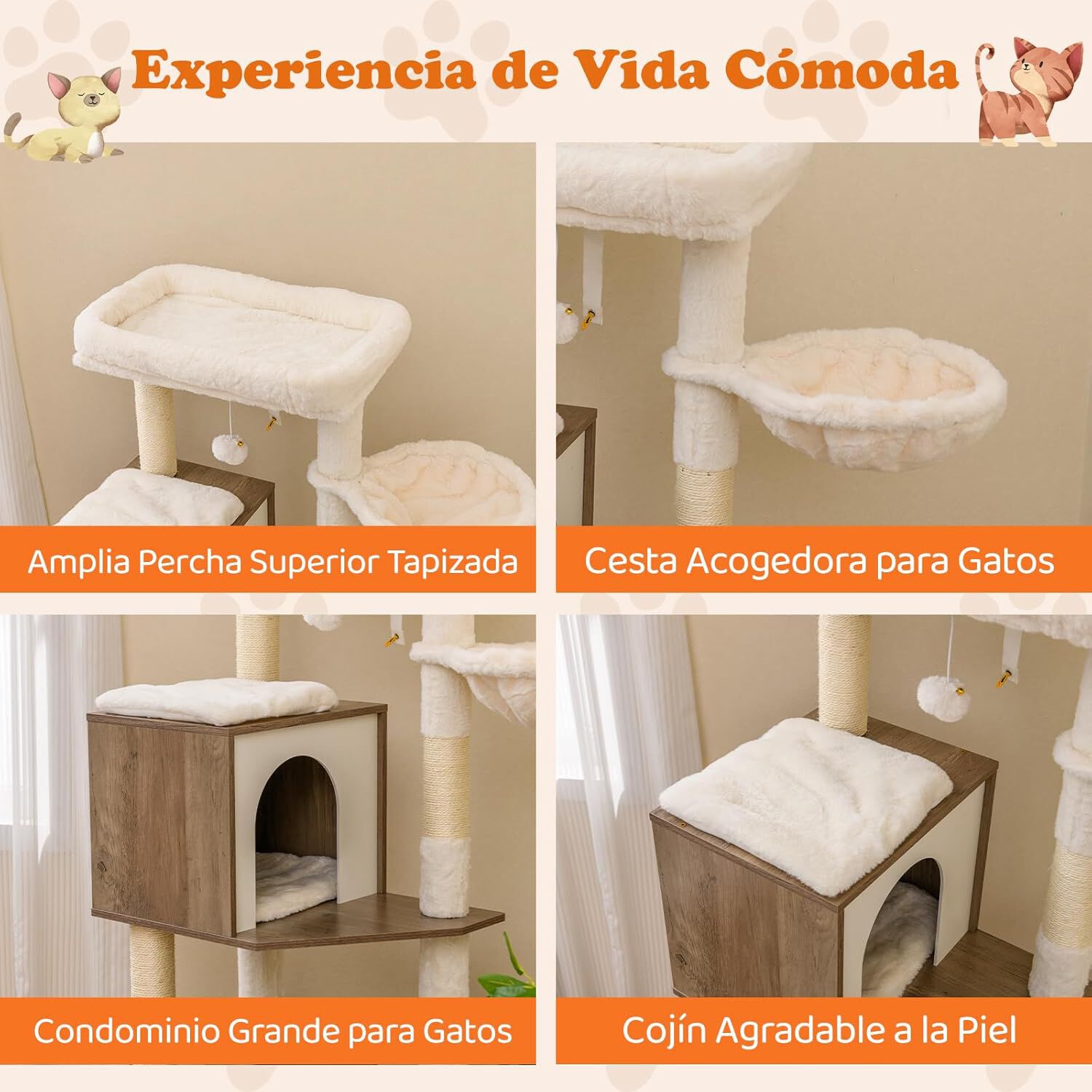 COSTWAY &Aacute;rbol Rascador con Caja de Arena para Gatos, Mueble Arenero Gatos con Poste y Alfombrilla Rascadora de Sisal, Pelota, Ba&ntilde;o Oculto, 2 Comederos, Caja de Arena Oculta Gato (Gris + Blanco), , large Imagen numero 3